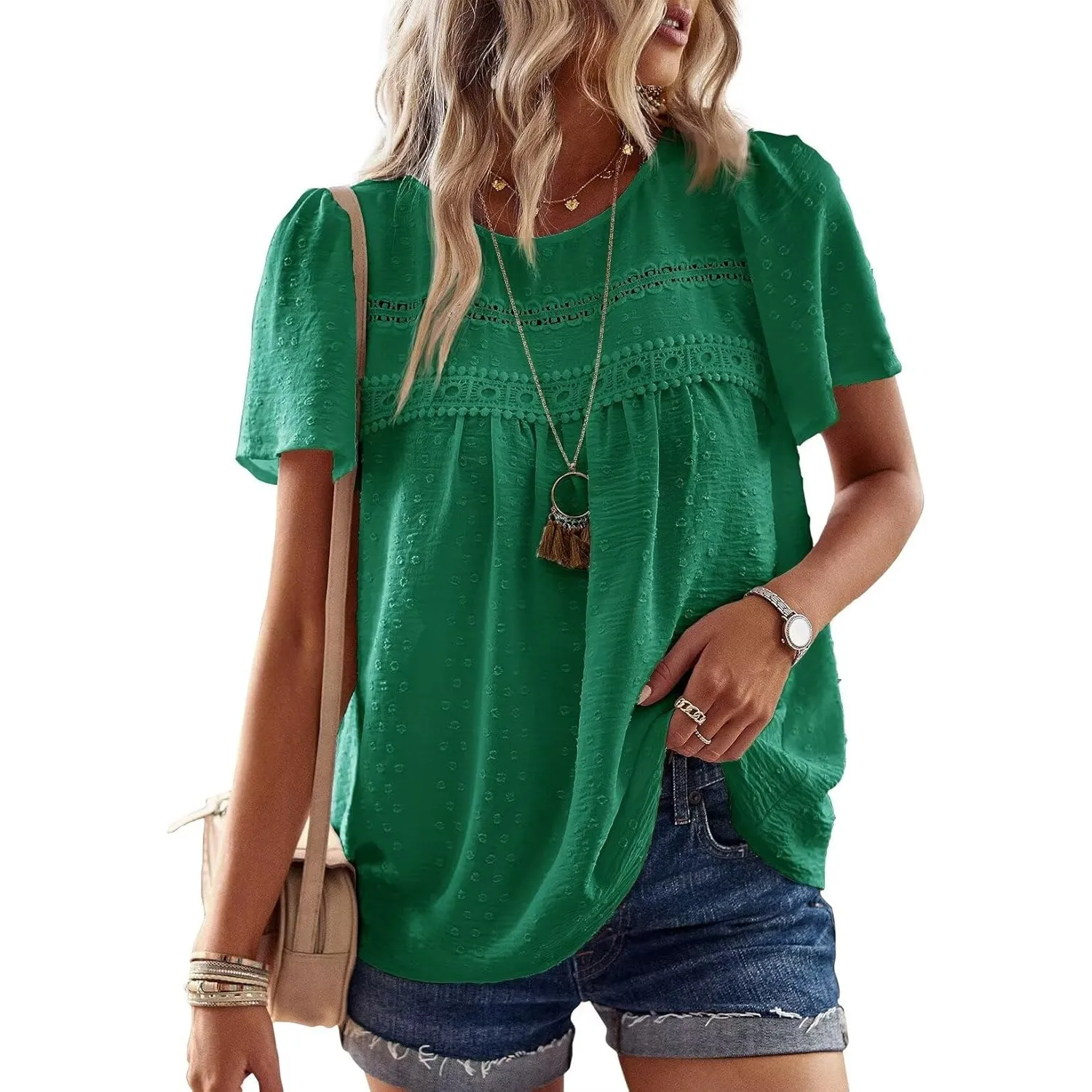Top Damen Sommer Boho Bluse Kurzarm Oberteile Fließend Elegant Rundhals T Shirt Tunika Lässig Outfits Spitze Kleidung