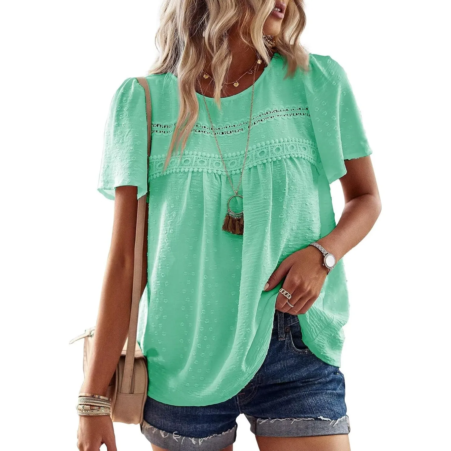 Top Damen Sommer Boho Bluse Kurzarm Oberteile Elegant Rundhals | Swiss Dot T Shirt, Süß Casual Tunika, Lässig Fließend …