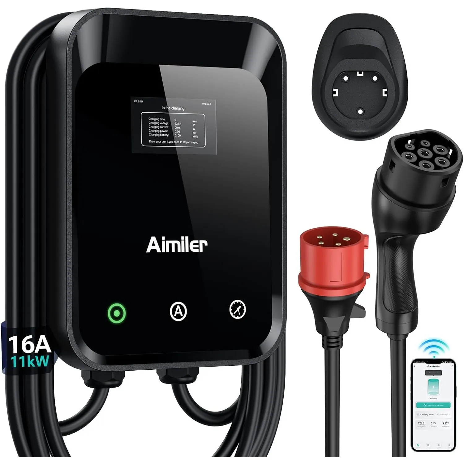 AIMILER Wallbox 11kW mit App& Stromzähler,(8-16A) 400V 7,6m Typ 2 Kabel mit Kabelhalter-IP66 3-phasige Ladestation RCBO…