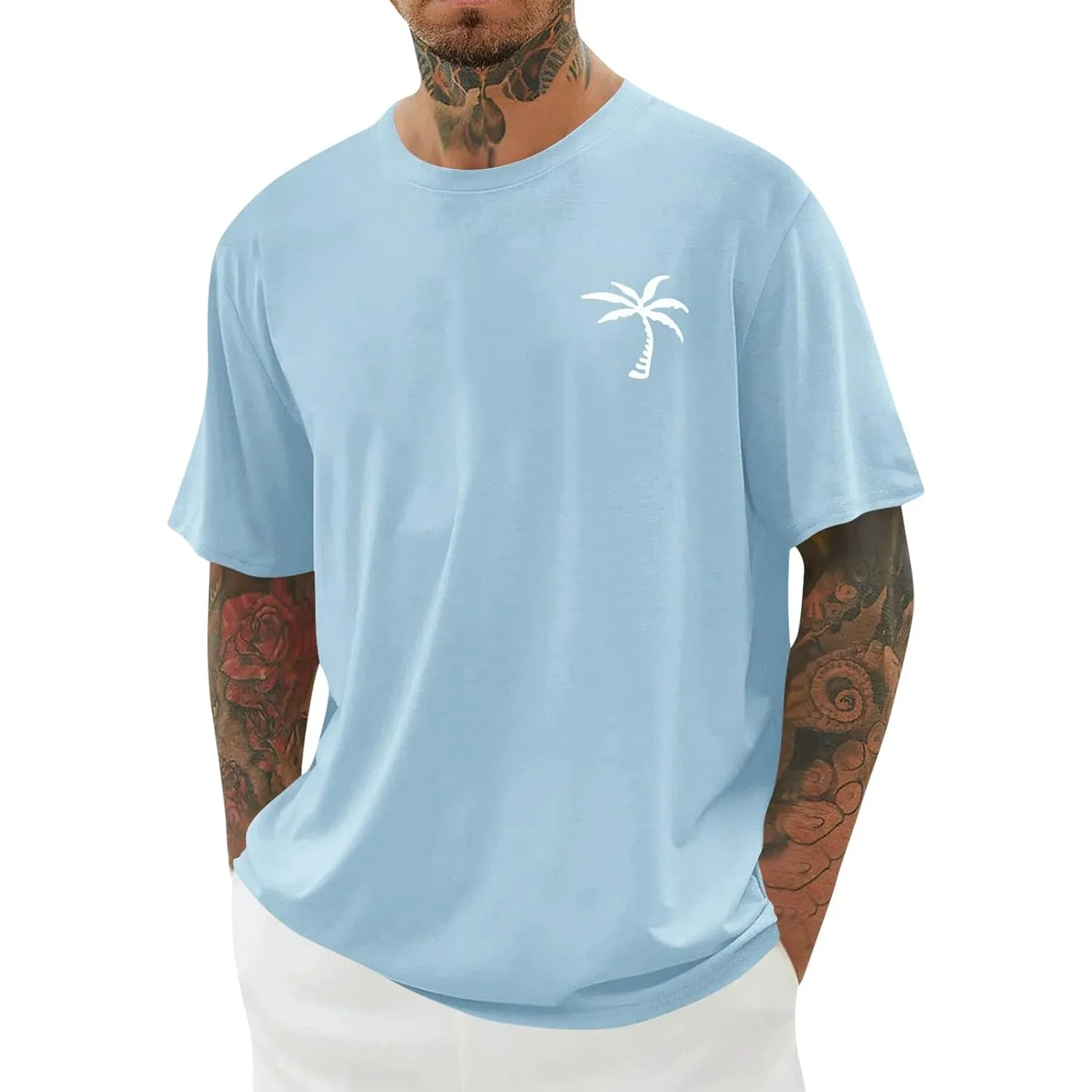 Herren Kurzarm T-Shirt Rundhals Sommer Oberteile mit Grafikprint Palmenmotiv Baumwolle Casual Atmungsaktives Männer