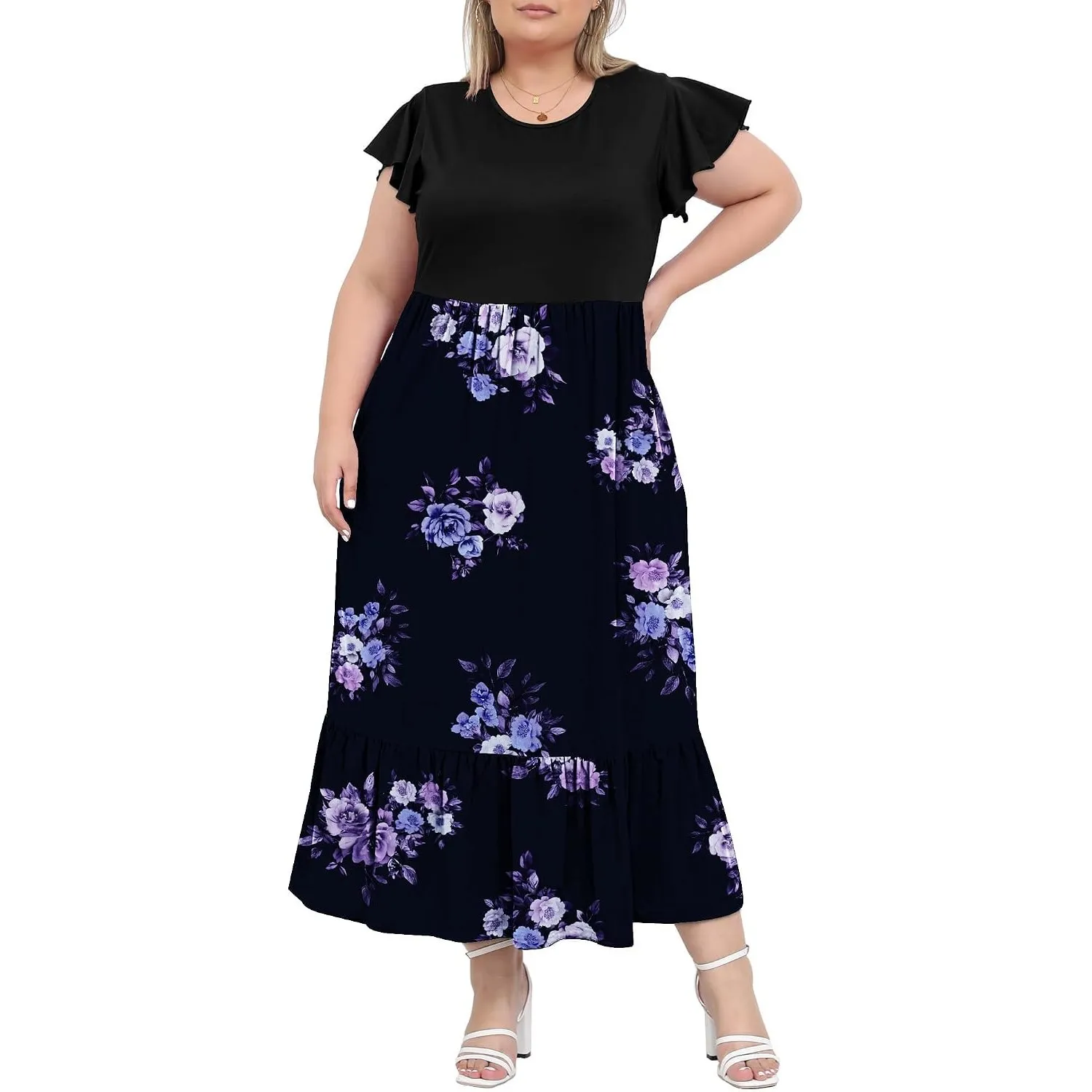 Moon Wood Damen Sommerkleid Kurzarm Rundhals Kleider Elegant Maxikleid Locker Strandkleid mit Taschen Große Größen
