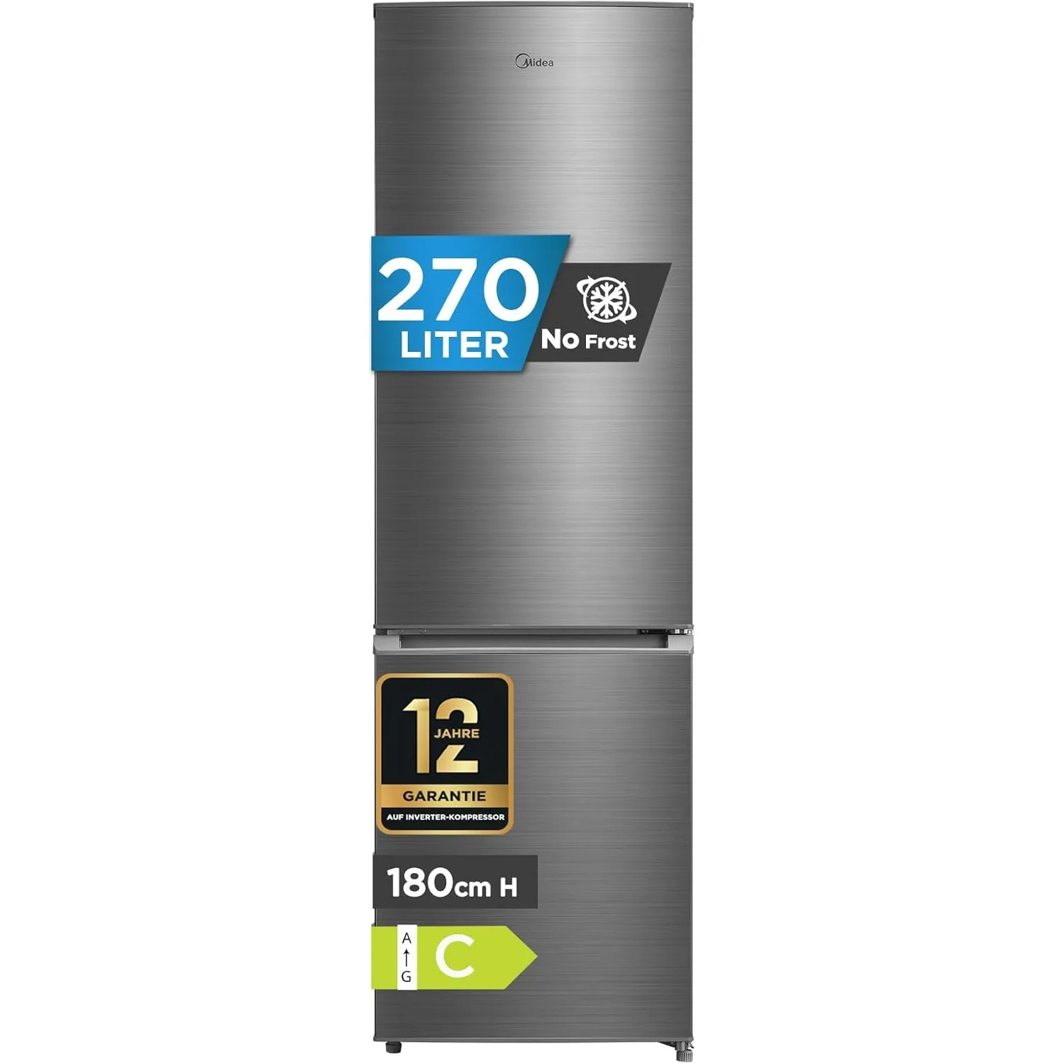 Midea 270L Kühlschrank mit gefrierfach, Nofrost, 180cm,EEK C,140 kWh/Jahr