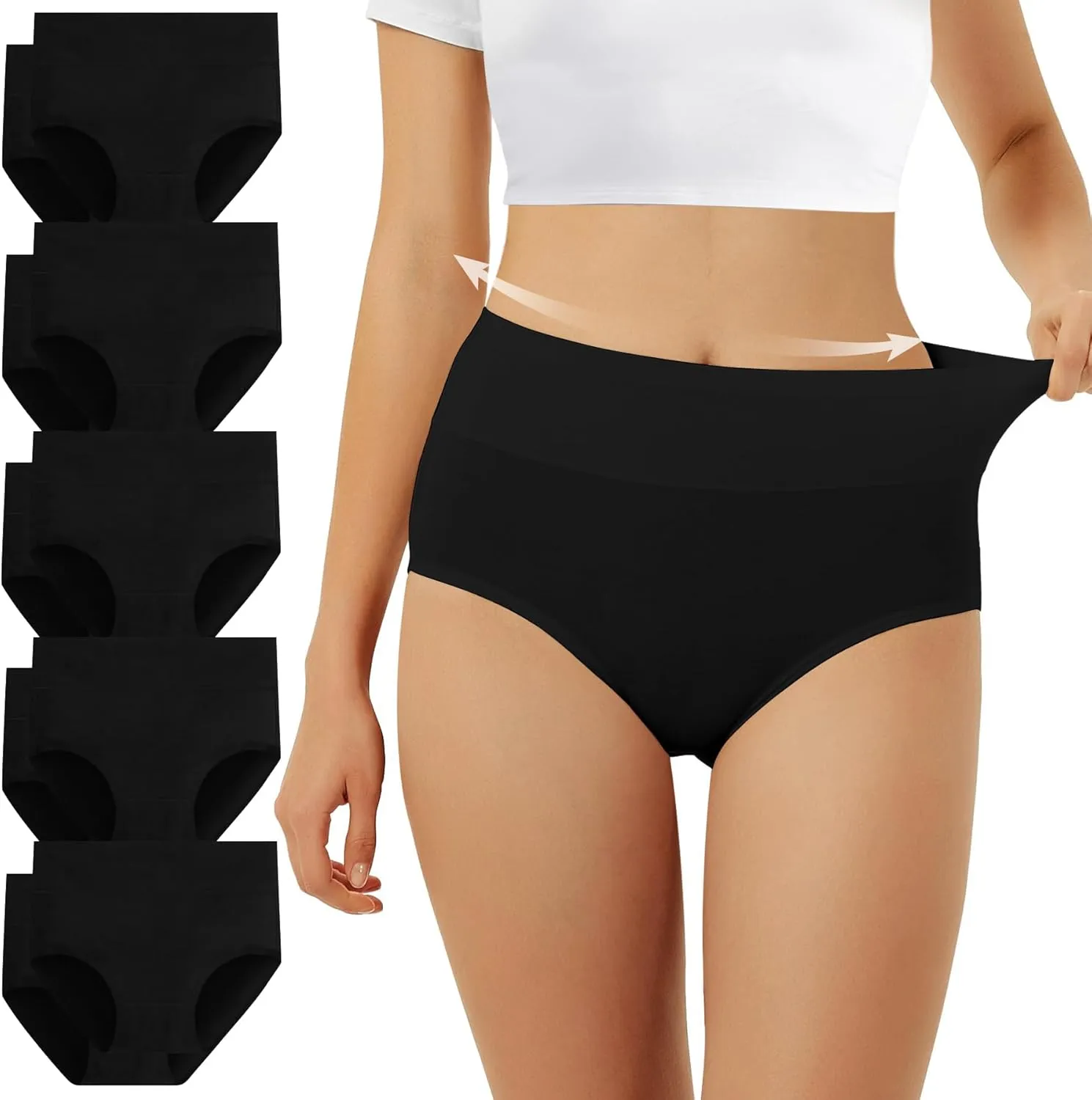 FALARY Ladies’ Cotton High-Waist Underwear, Soft, Stretch Breathable Panties, Pack of 5