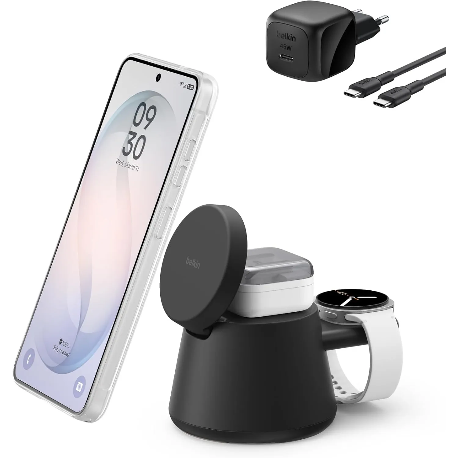 Belkin UltraCharge 3-in-1 Induktive Ladestation mit Qi2, 25W – Schwarz