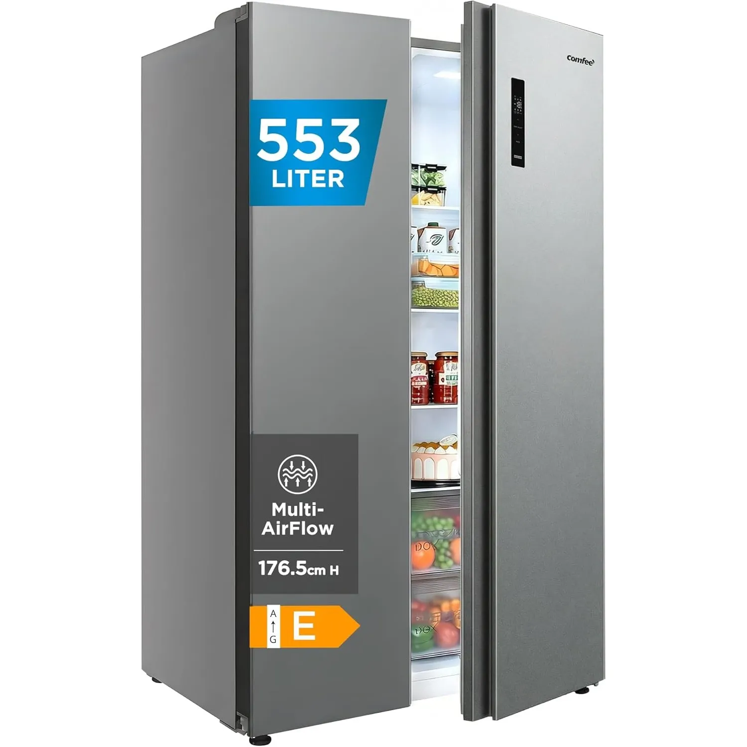 Comfee Side-by-Side Kühlschrank, 553L Familien-Stauraum, No Frost, 35 dB