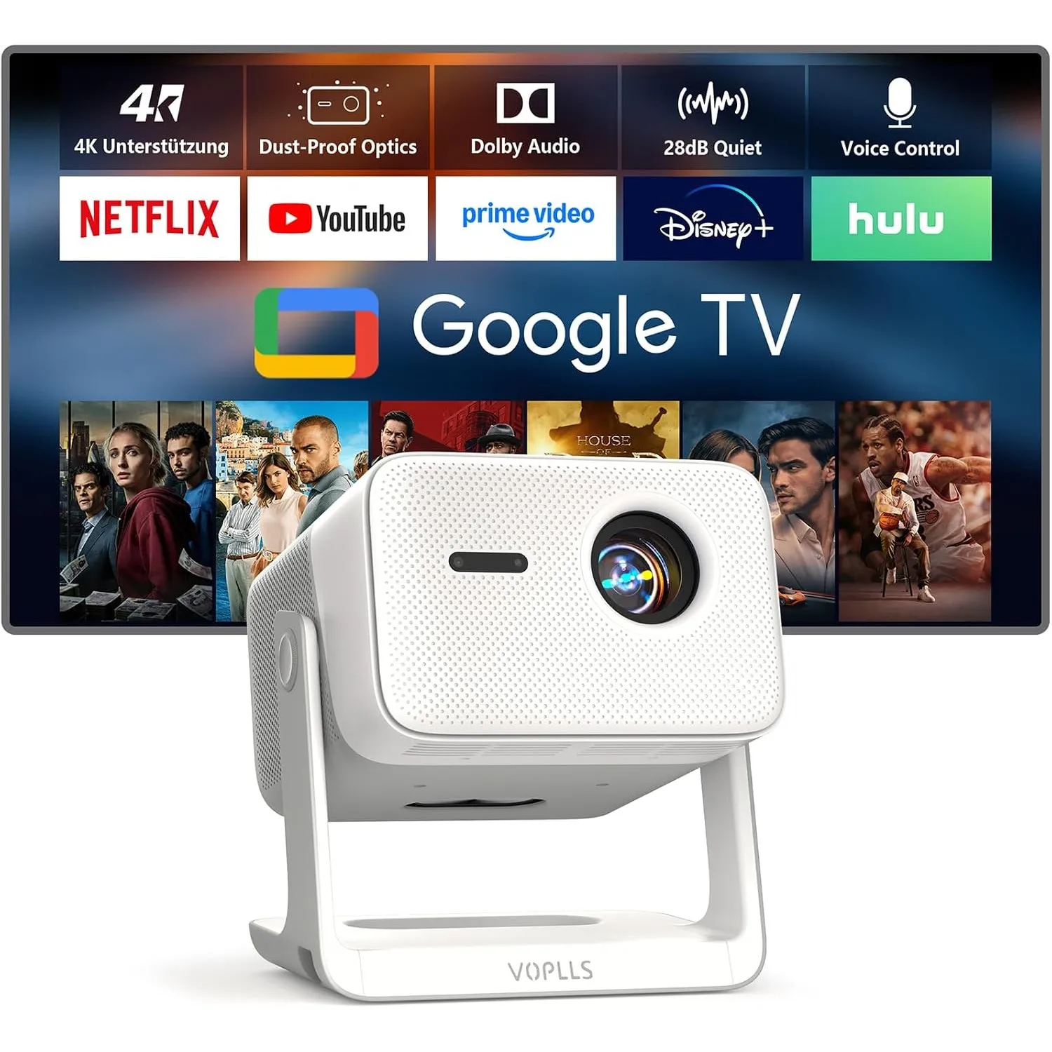 Smart Beamer【Google TV/Offizielle App】 VOPLLS Beamer 4K Heimkino 4000ANSI mit Autofokus ＆ Trapezkorrektur WiFi6 Bluetoo…
