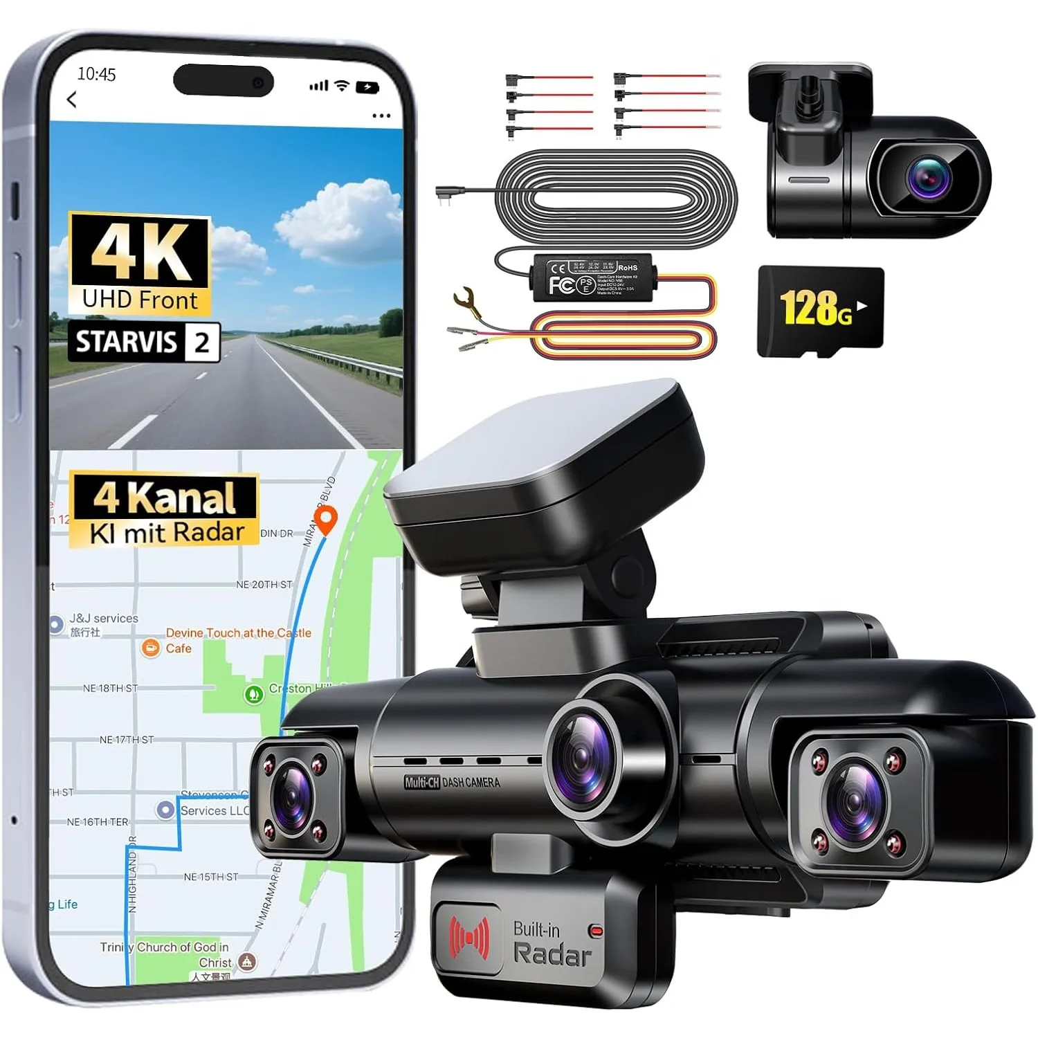 360 Grad 4K Dashcam Auto mit 24H Parküberwachung, 4 Kanal Auto Kamera, N500