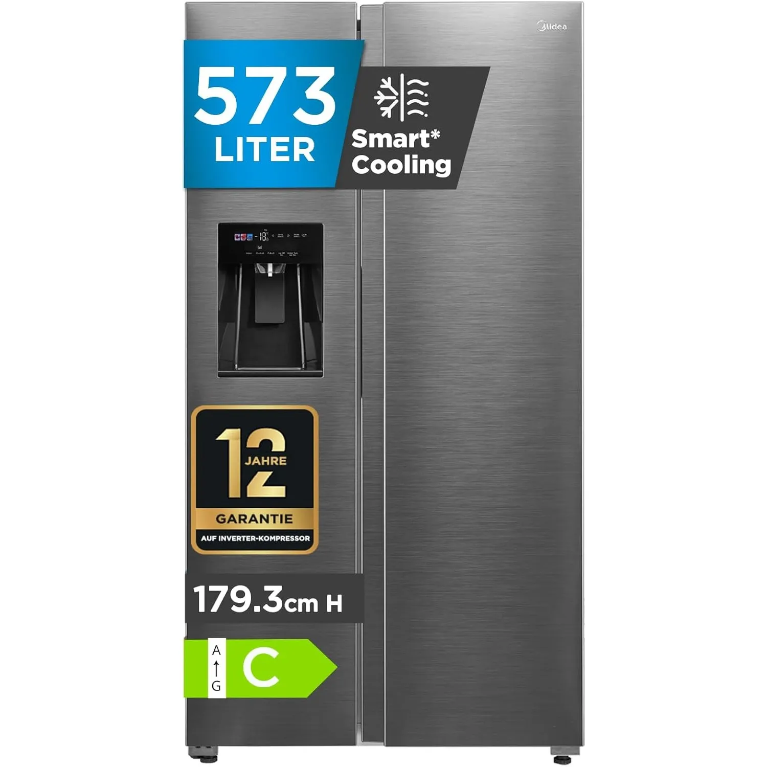 Midea Side-by-Side Kühlschrank mit Eiswürfelspender 573 L, No Frost, 38 dB