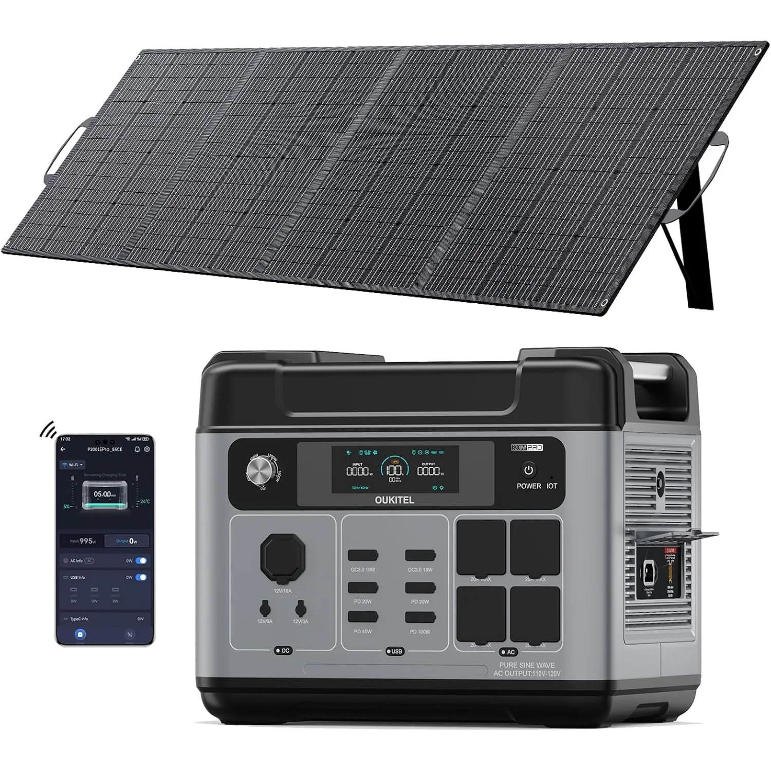 OUKITEL P2001 Pro 3200W (7200W Peak) Tragbare Powerstation Mit 200-W-Solarpanel, 2048Wh Solargenerator mit LiFePO4 Akku…