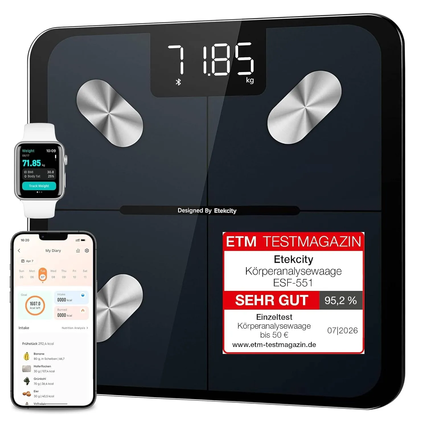 Etekcity Körperfettwaage aus hochfestem Glas, 0,02 kg Teilung bis 10 kg