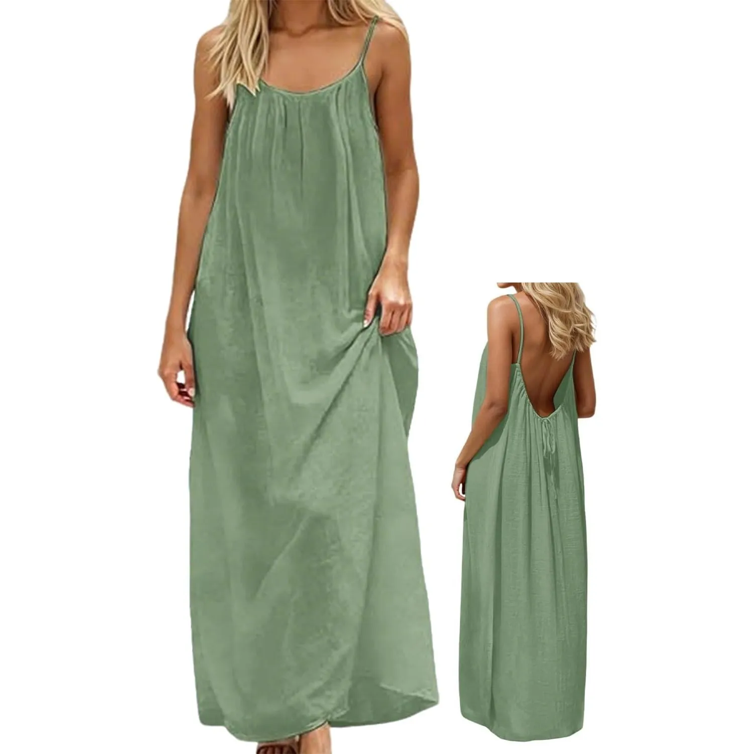 Sommerkleid Damen Lang Rückenfrei Spaghettiträger Leinen Strand | Bequemes, luftiges Maxi-Design mit Kordelzug, ideal f…