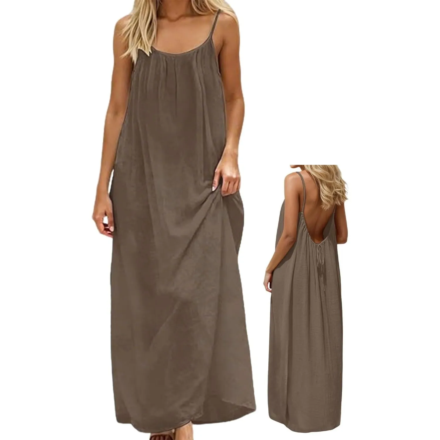 Sommerkleid Damen Lang Rückenfrei Spaghettiträger Leinen Strand | Bequemes, luftiges Maxi-Design mit Kordelzug, ideal f…