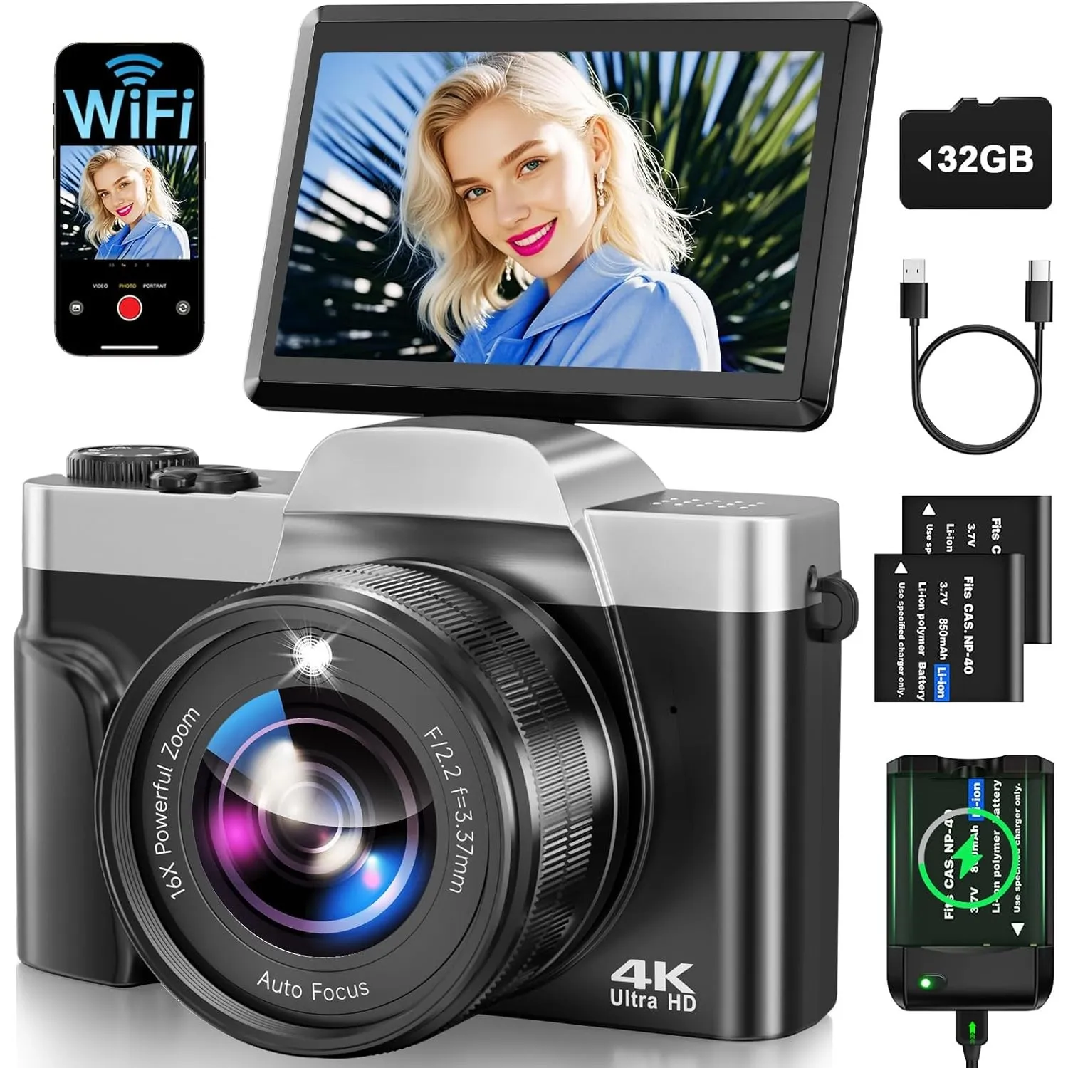 Digitalkamera, 4K 64MP Autofokus Kamera Fotokamera Mit WLAN, 3" 180° Klappbarer Bildschirm Digital Kamera mit 32GB Kart…