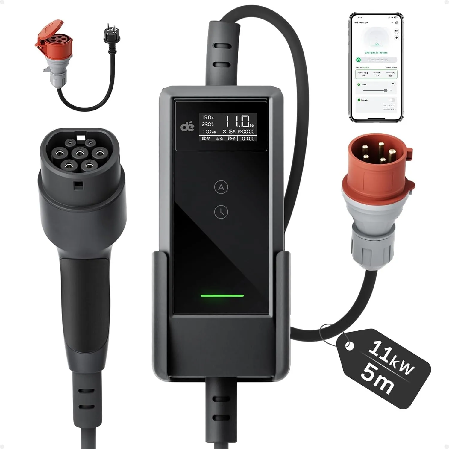 dé Mobile Wallbox 11kW mit APP 5,5m [0,7m+4,8m, 3-phasig, 6-16A] | Ladekabel e Auto CEE-16A 400V auf Typ 2 mit Einstell…