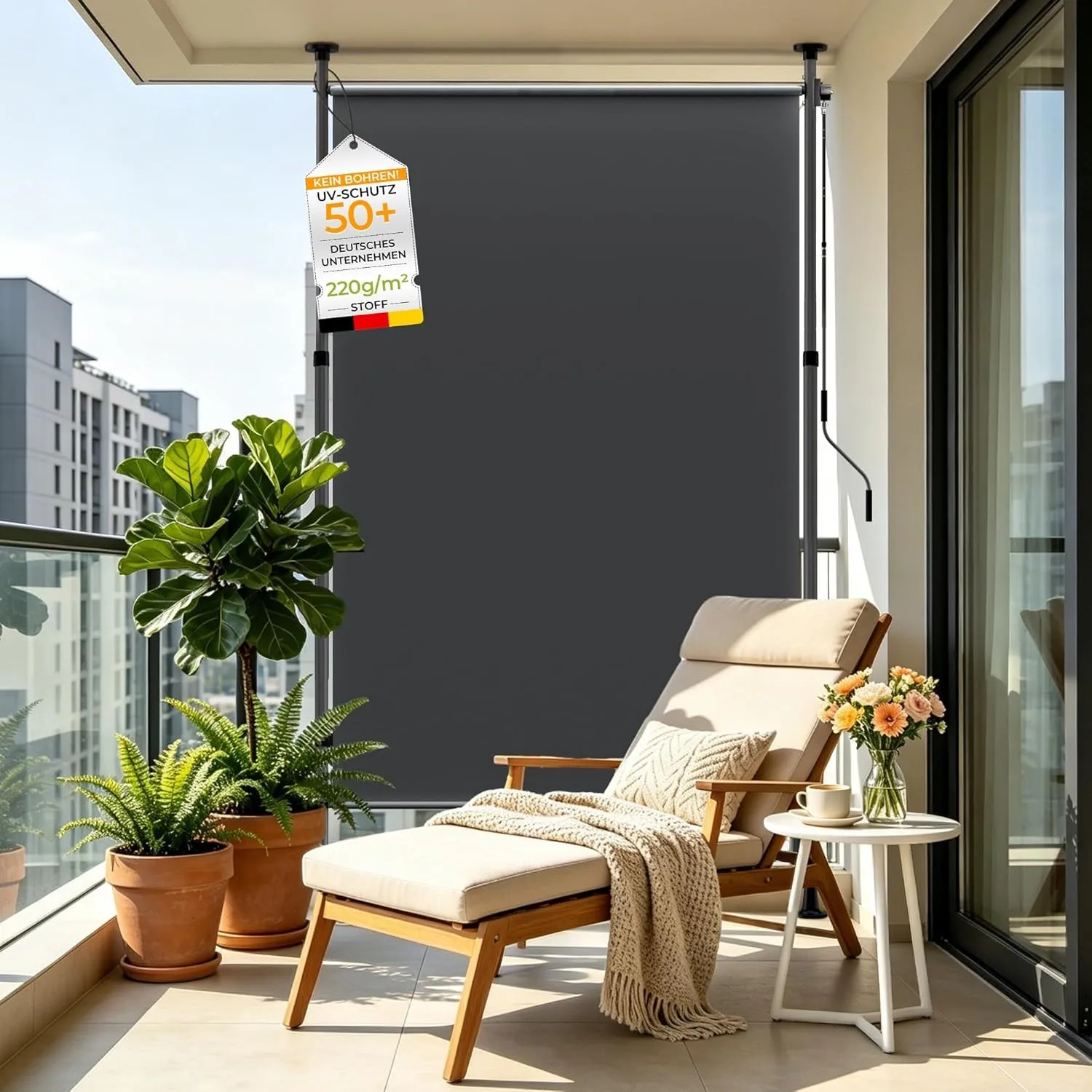 HOMEDEMO Senkrechtmarkise Außen, Vertikalmarkise ohne Bohren, Balkonrollo mit Einstellbare Handkurbel, Sichtschutz Sonn…