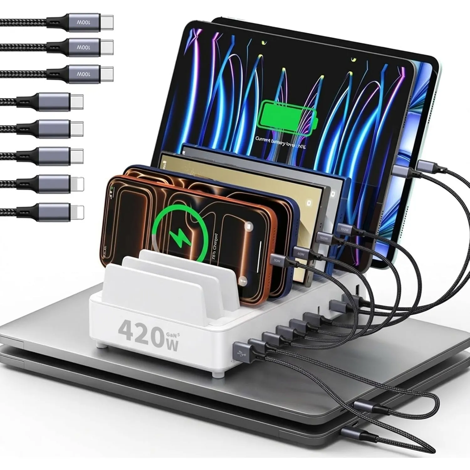 420W Ladestation Mehrere Geräte USB C Charging Station, GaN PD3.0 10 Anschlüsse Handy Ladestation Desktop Ladegerät mit…