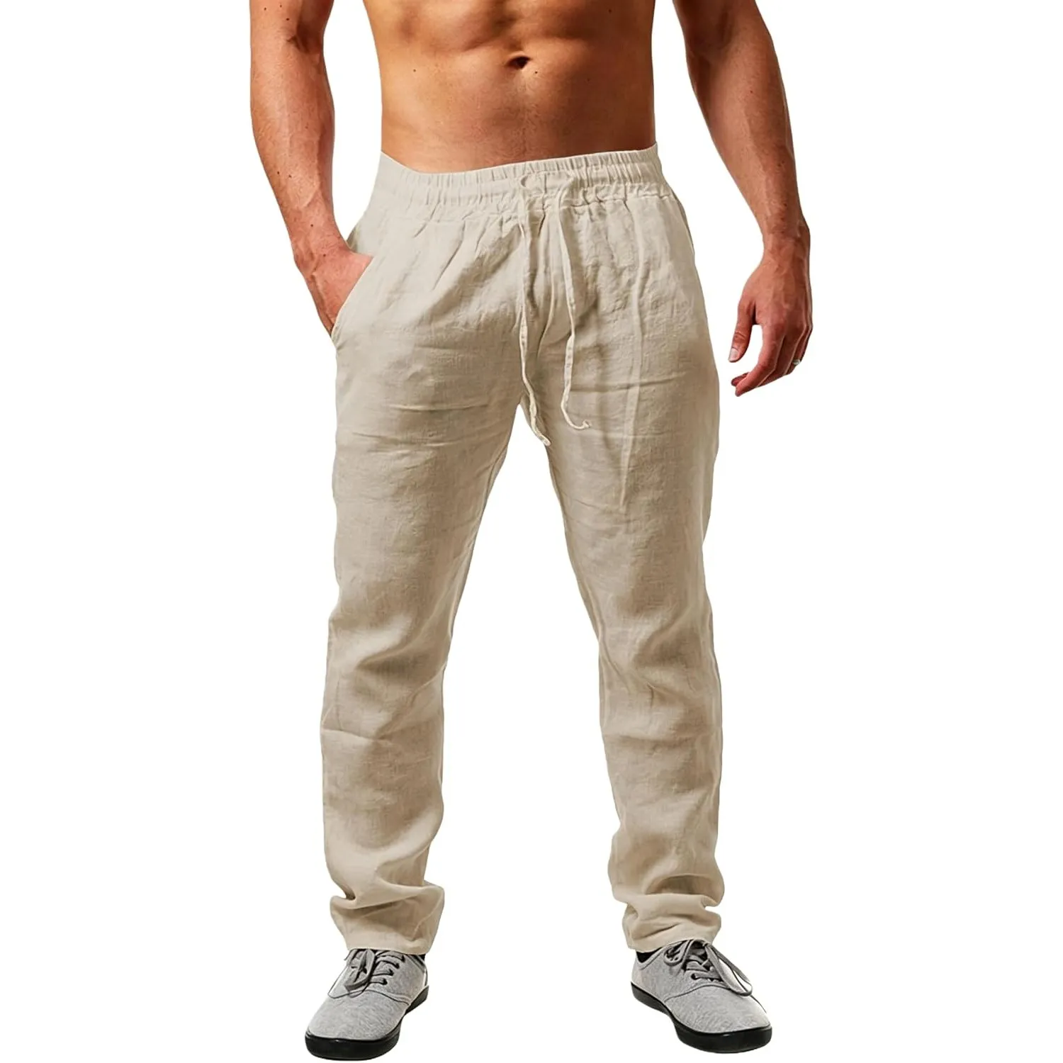 Cegerne Leinenhose Herren Lang Leicht Sommerhose Loose Fit Freizeithose mit Kordelzug Taschen für Urlaub Strand Alltag