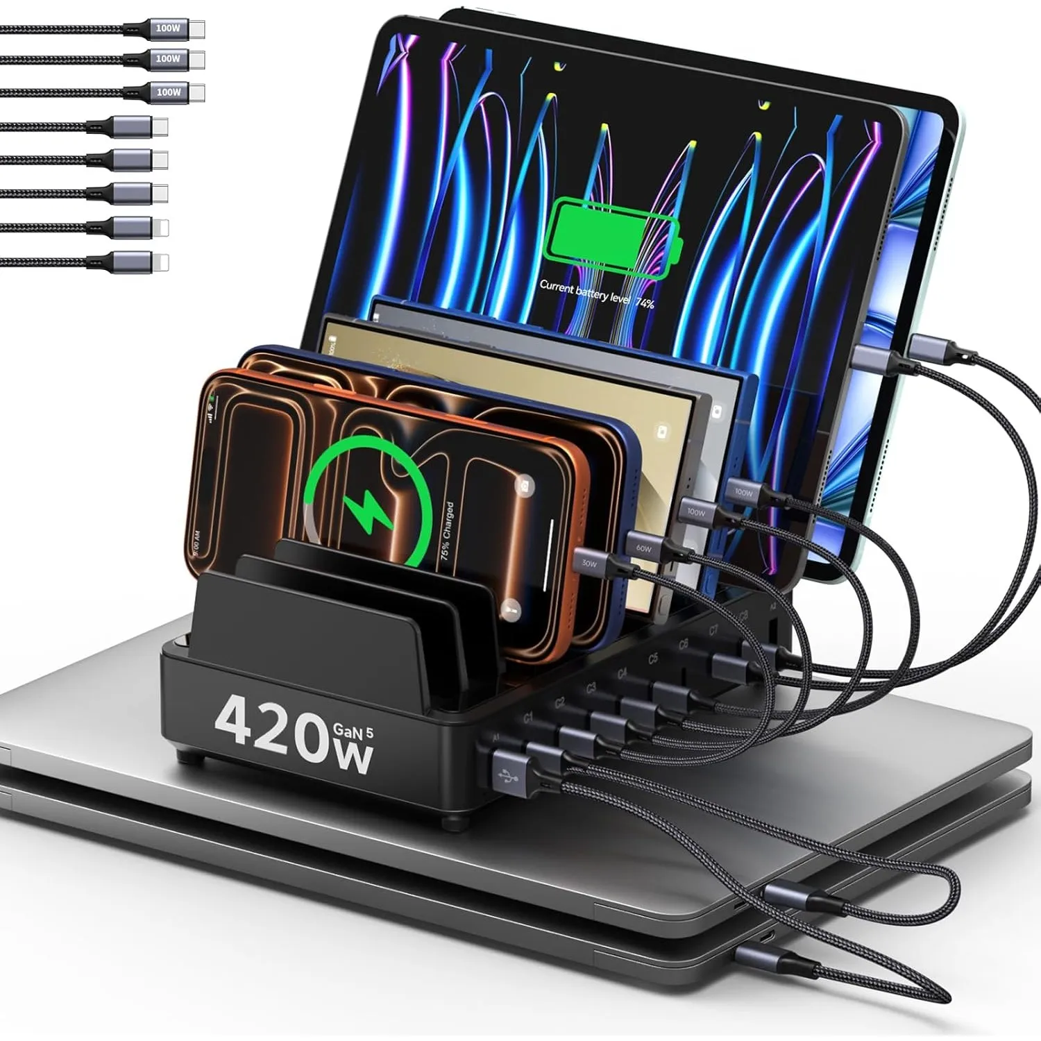420W Ladestation Mehrere Geräte USB C Charging Station, GaN PD3.0 10 Anschlüsse Handy Ladestation Desktop Ladegerät mit…