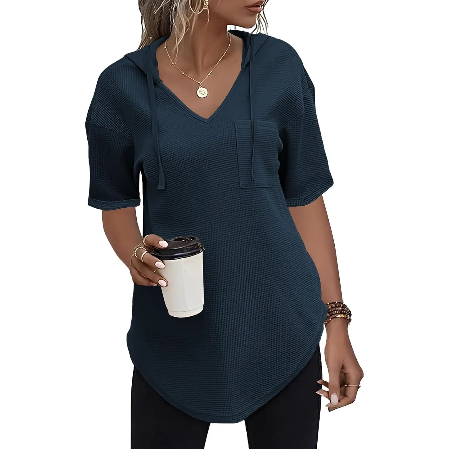 Cuptacc Pullover Damen Hoodie Mit Kordelzug V-Ausschnitt Kapuzenpullover