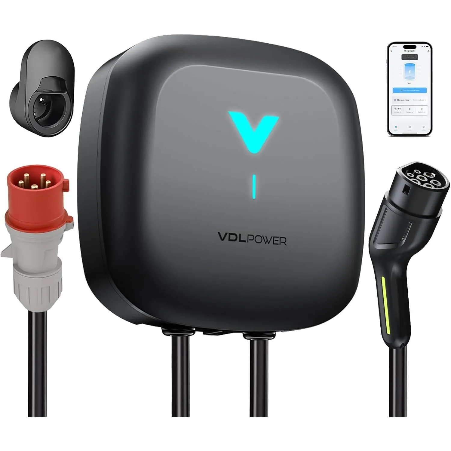 Wallbox 11kW mit APP, Typ 2 Ladekabel, 3-Phasen EV-Ladegerät, 400V 6–16A, 6m Kabel mit Kabelhalter, RCD Typ A & IP67, L…