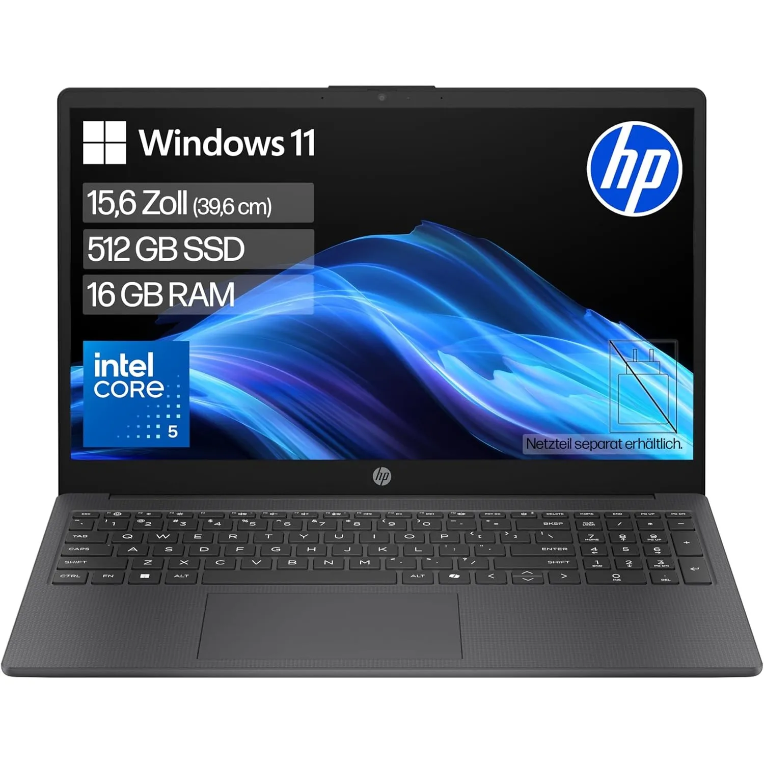 HP Laptop (15,6" FHD Display, Intel Core 5, 16GB RAM, 512GB, Win11, QWERTZ) - Schwarz