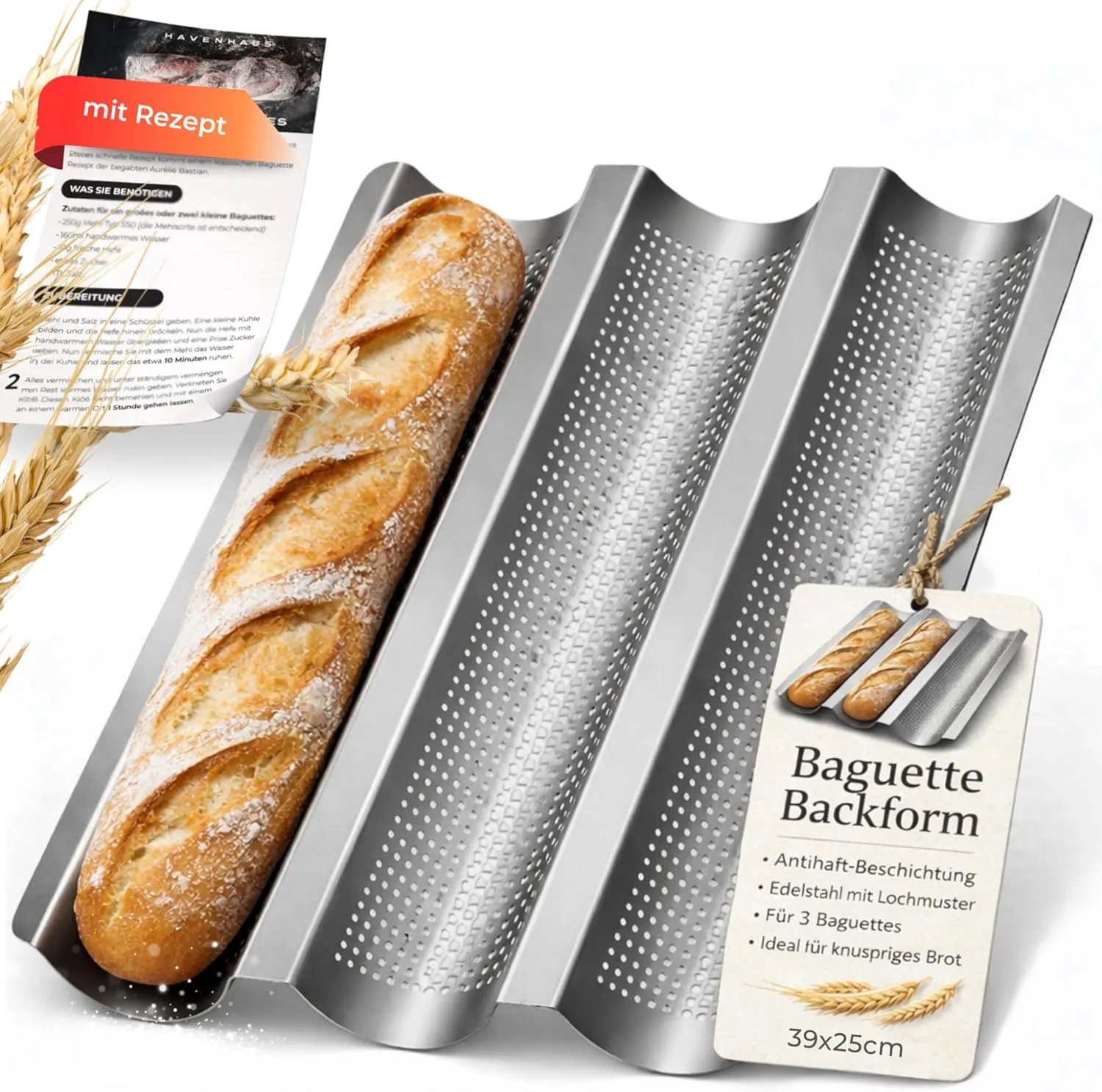 Havenhaus Baguette Backform Edelstahl I perforierte Baguette Backform für 3 Baguette Laibe 39 x 25cm I Baguette-Backble…