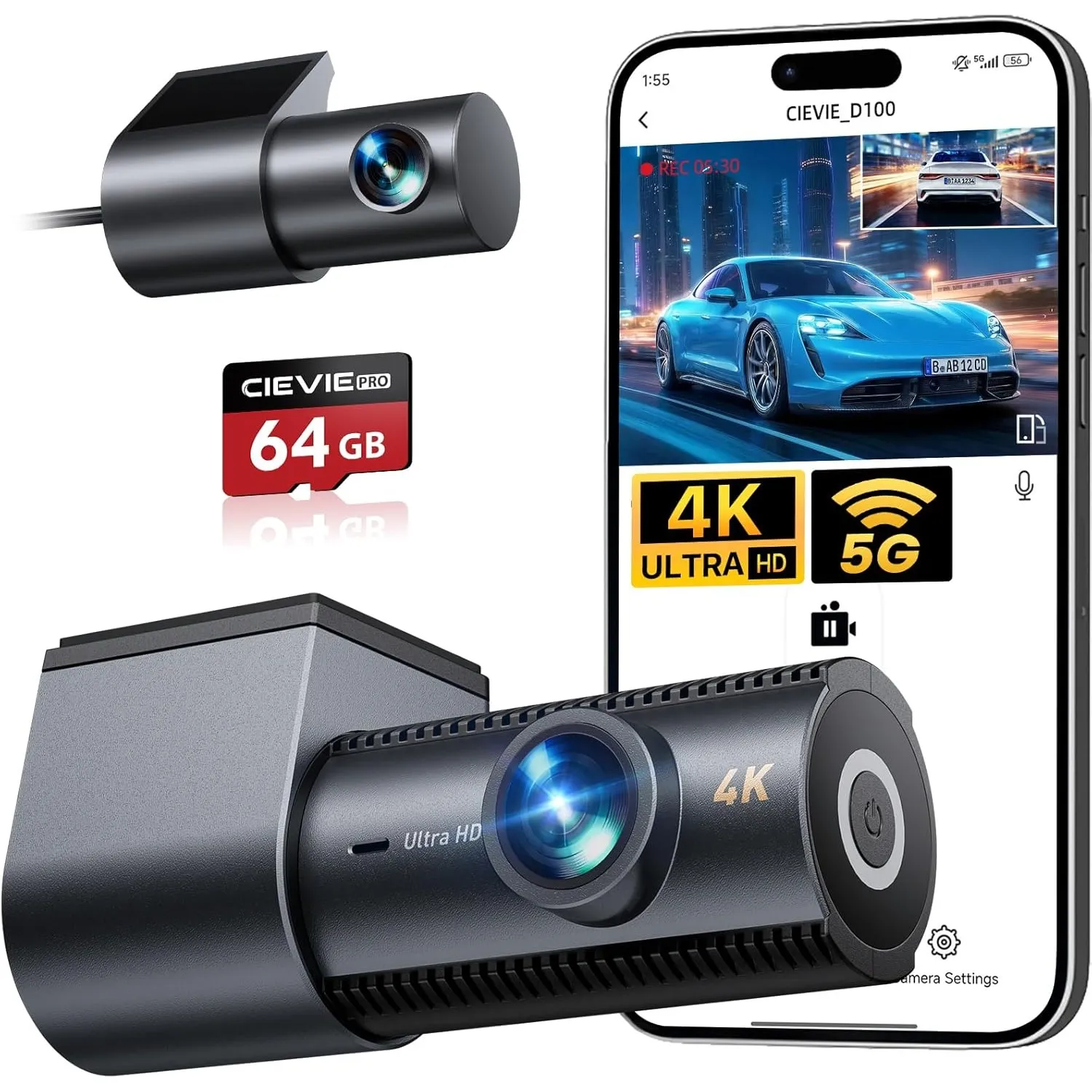 Dashcam Auto Vorne Hinten 4K+1080P, 5.8GHz WLAN mit 170° Weitwinkel