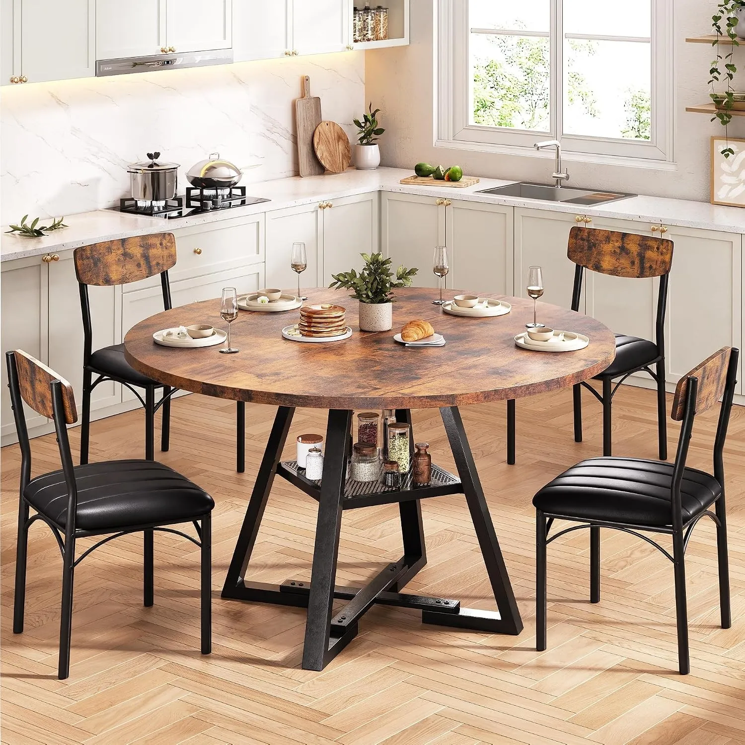 Jocoevol Runder Esstisch und 4 Esszimmerstühle Set, Essgruppe 5-Teilig, Esszimmertisch mit Ablage und 4 stühle für Küch…