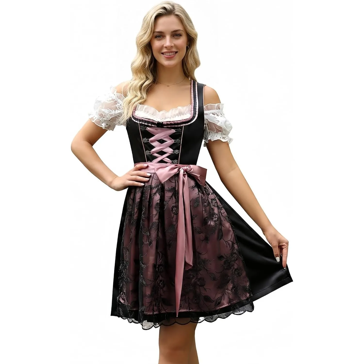 YesFashion Dirndl Damen Jacquard Midi Trachtenkleid Trachtenmode mit 3 Teilig Dirndlkleid für Oktoberfest