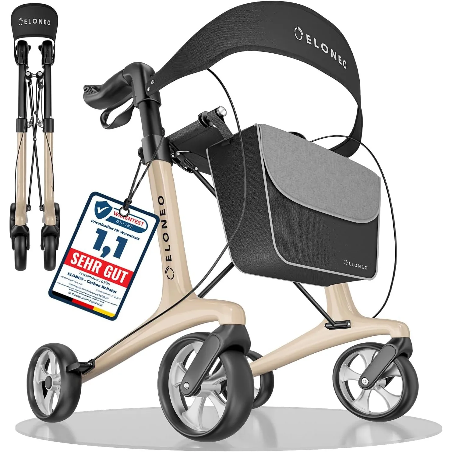 Carbon Rollator faltbar und leicht mit Sitz, Leichtgewicht-Reiserollator ultraleicht 5,1 kg, Gehhilfe für Senioren 9-fa…