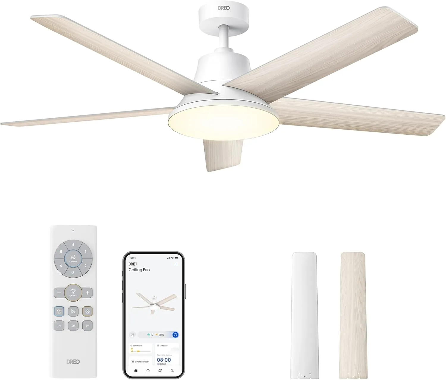 DREO Smart Ceiling Fan with Light, 132 cm, 12 Speeds, 3 Modes, Stepless Dimmable LED Lighting, Quiet DC Motor, 12H Time…