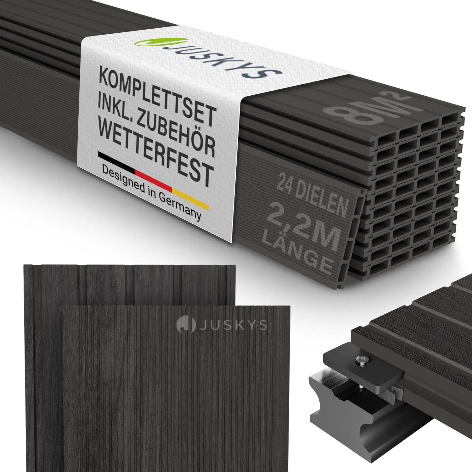 Juskys WPC Terrassendielen 8 m² – 220 cm Dielen, wetterfest & pflegeleicht, inkl. Unterkonstruktion, Clips & Schrauben,…