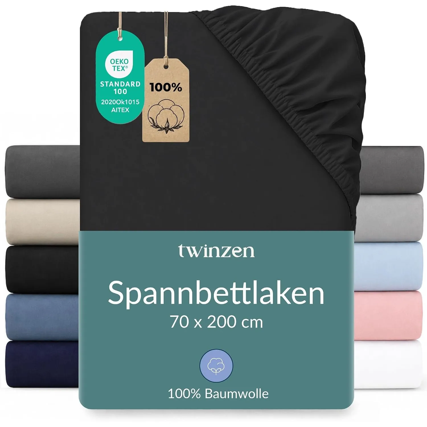 Twinzen Spannbettlaken Baumwoll-Jersey 70x200 Schwarz Steghöhe 15 cm