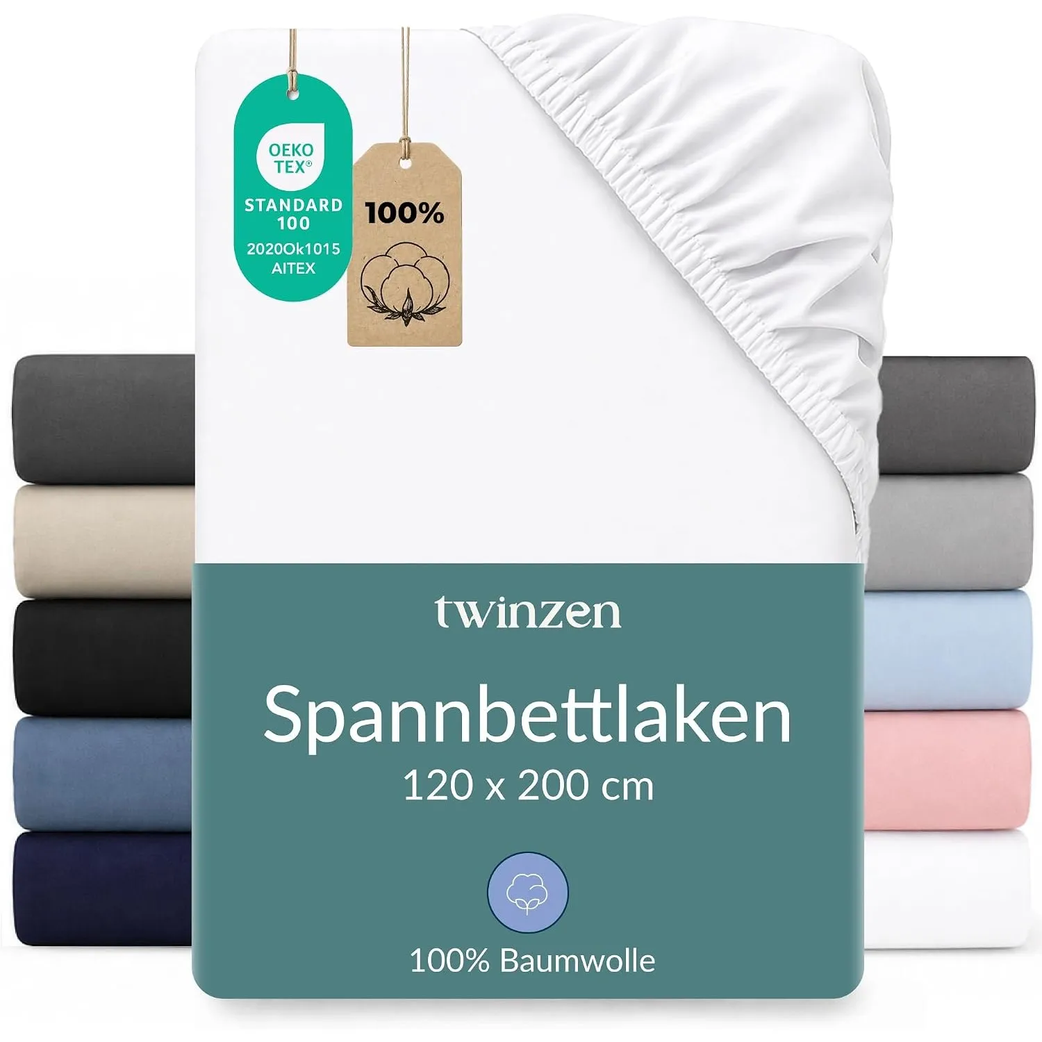 Twinzen Spannbettlaken Baumwoll-Jersey 120x200 Weiß Steghöhe 30 cm