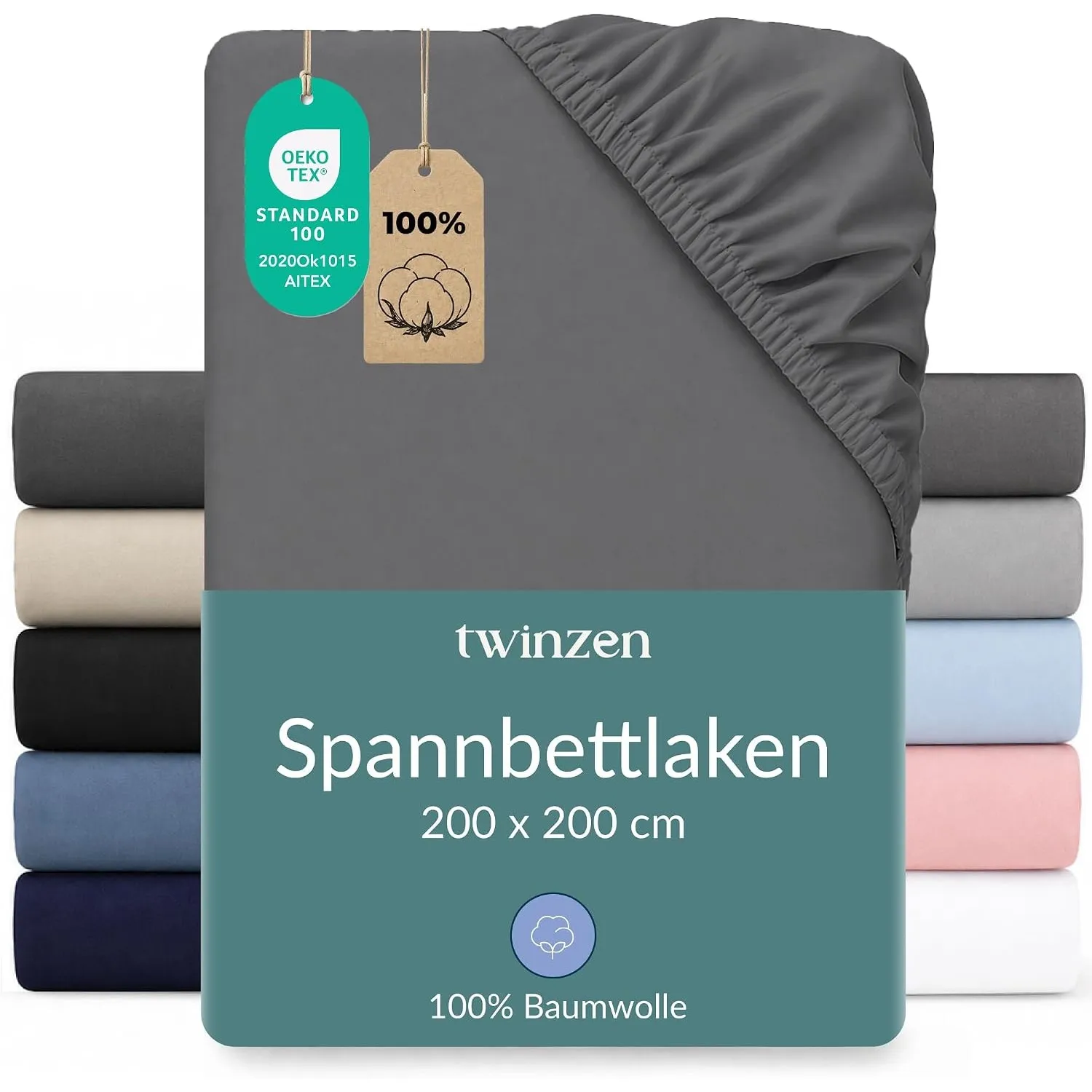Twinzen Spannbettlaken Baumwoll-Jersey 200x200 Anthrazit Steghöhe 30 cm