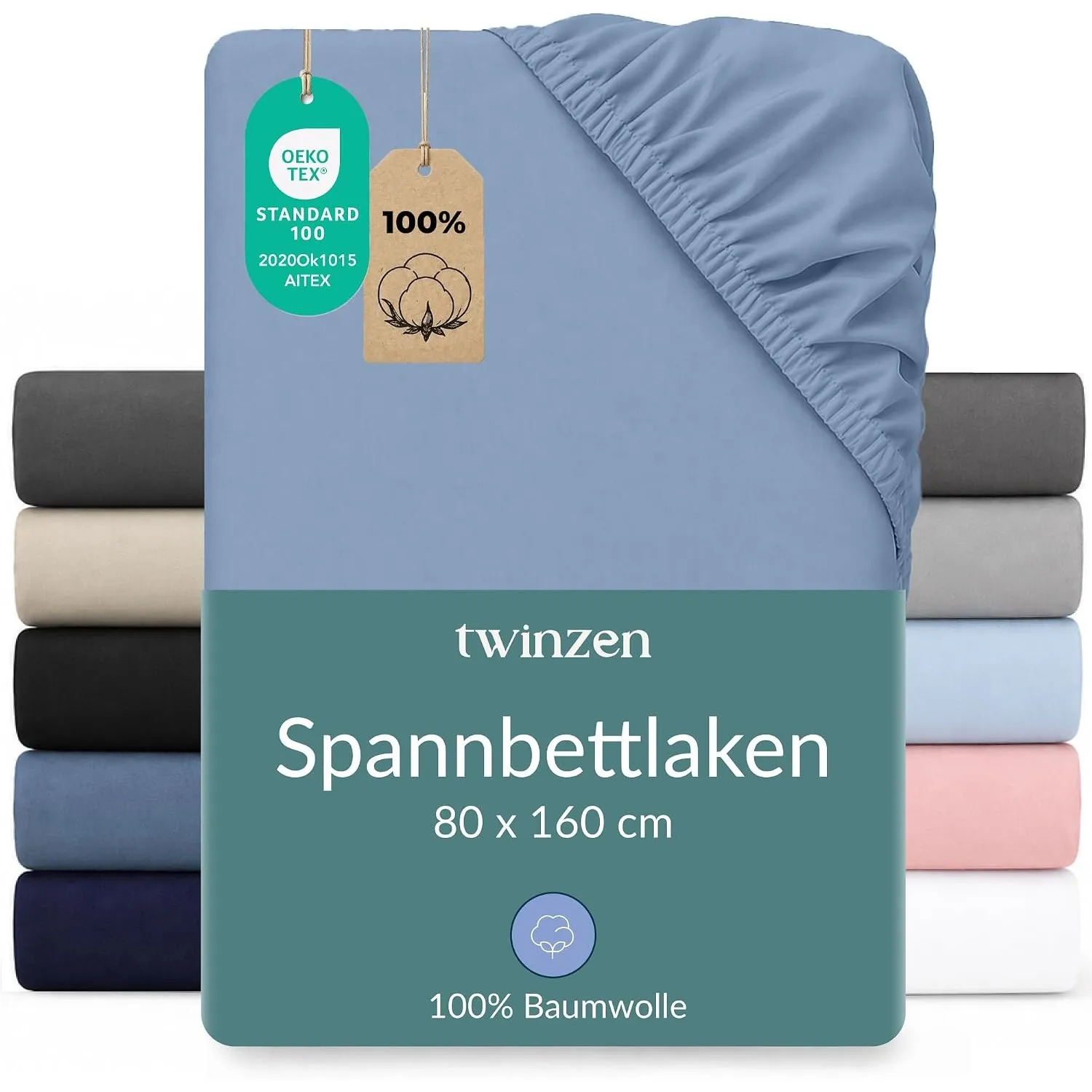 Twinzen Spannbettlaken Baumwoll-Jersey 80x160 Hellblau Steghöhe 15 cm | Weich & hautfreundlich · Atmungsaktiv · Rundumg…