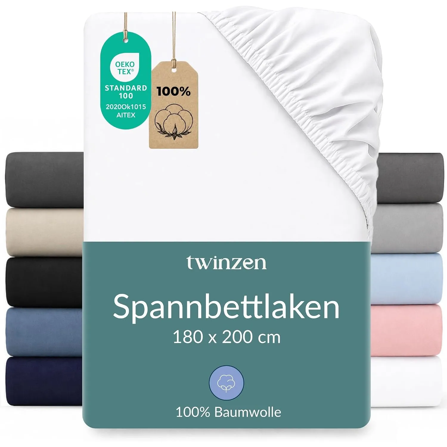 Twinzen Spannbettlaken Baumwoll-Jersey 180x200 Weiß Steghöhe 30 cm | Weich & hautfreundlich · Atmungsaktiv · Rundumgumm…