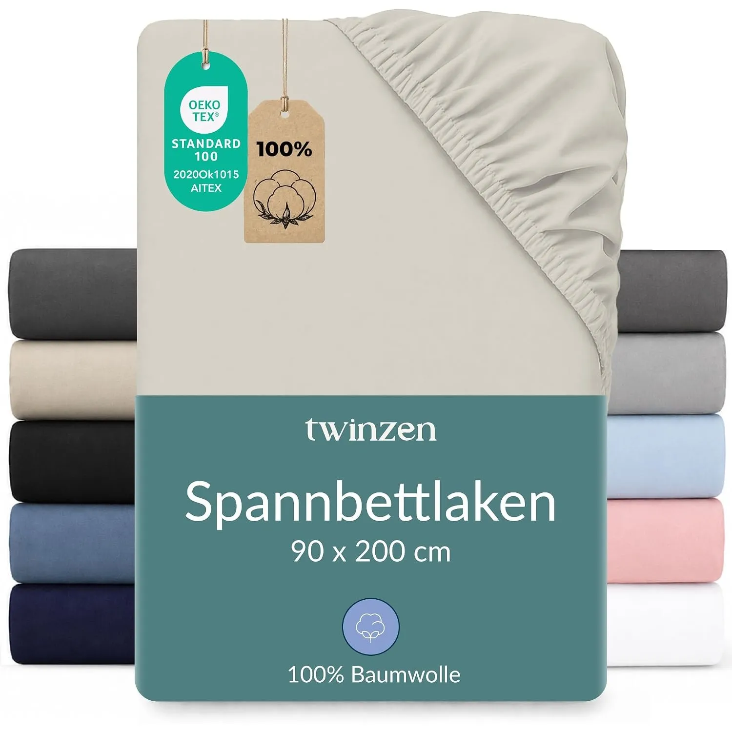 Twinzen Spannbettlaken Baumwoll-Jersey 90x200 Beige Steghöhe 30 cm