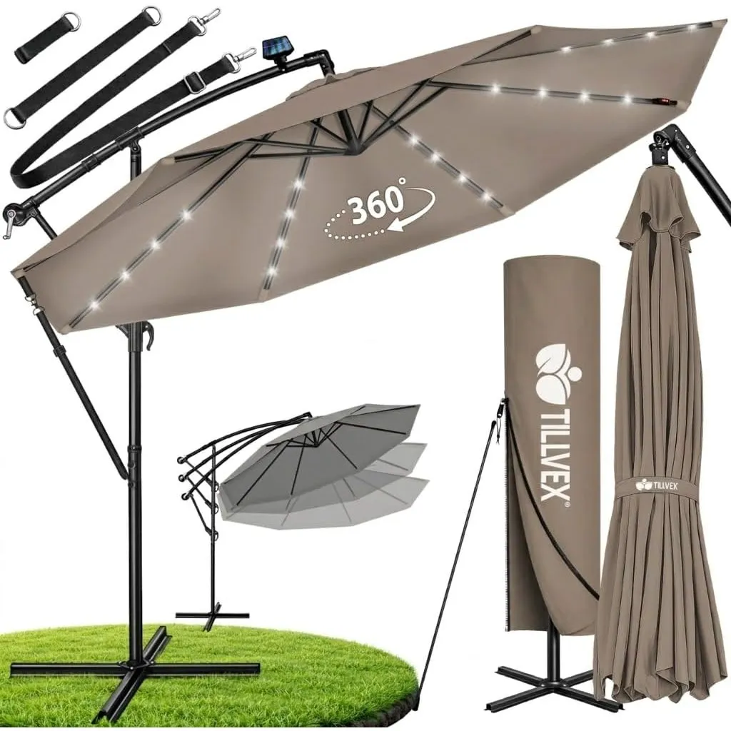 tillvex® Sonnenschirm Solar Ø 300/350 cm + Abdeckung & LED Beleuchtung | Ampelschirm mit Kurbel & Ständer | Gartenschir…