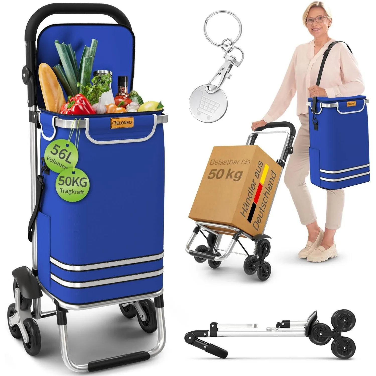 ELONEO Einkaufstrolley Treppensteiger mit Kühlfach, Einkaufsroller klappbar, Shopping Trolley höhenverstellbar, Reflekt…