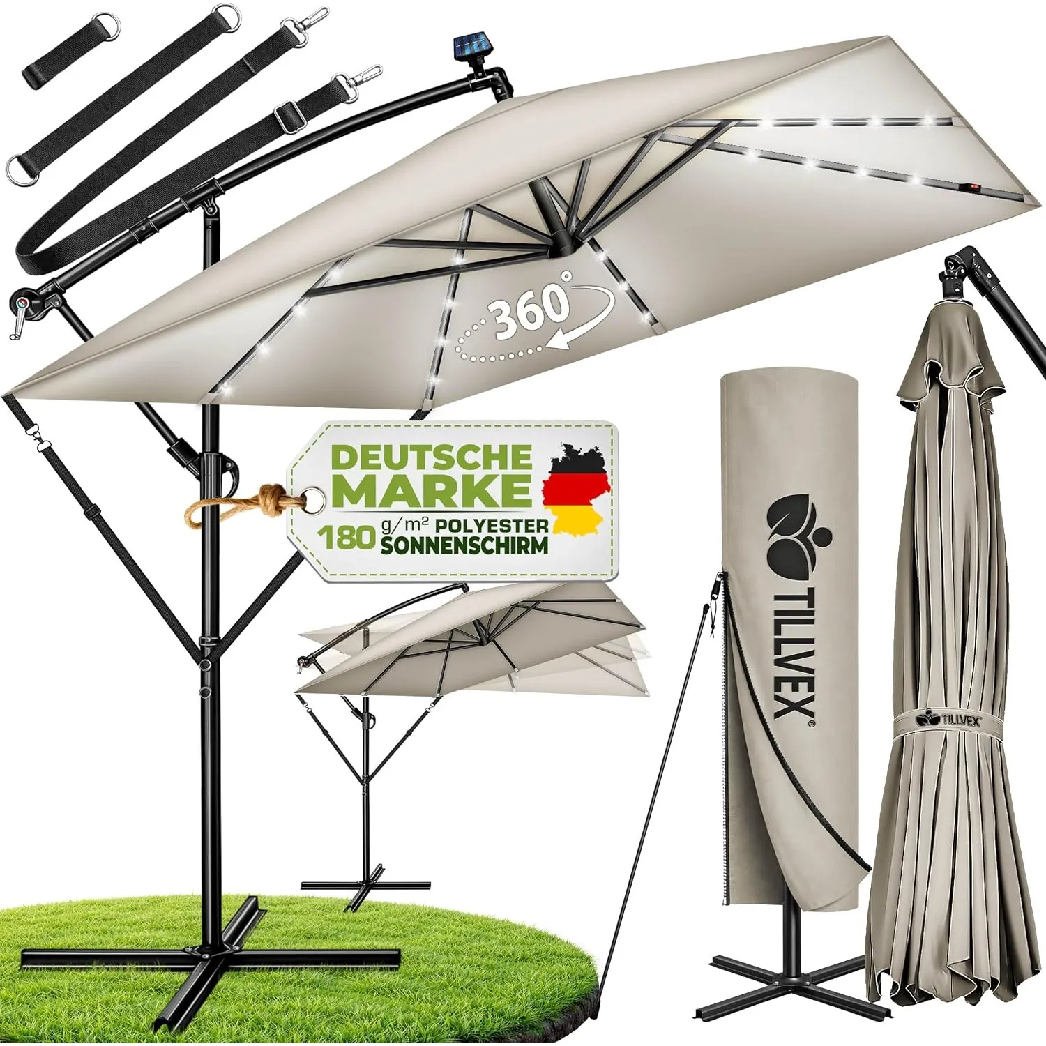 tillvex® Sonnenschirm Rechteckig Ø 330 cm + Abdeckung, Kurbel & Windschutz | Ampelschirm Aluminium Eckig mit Ständer | …
