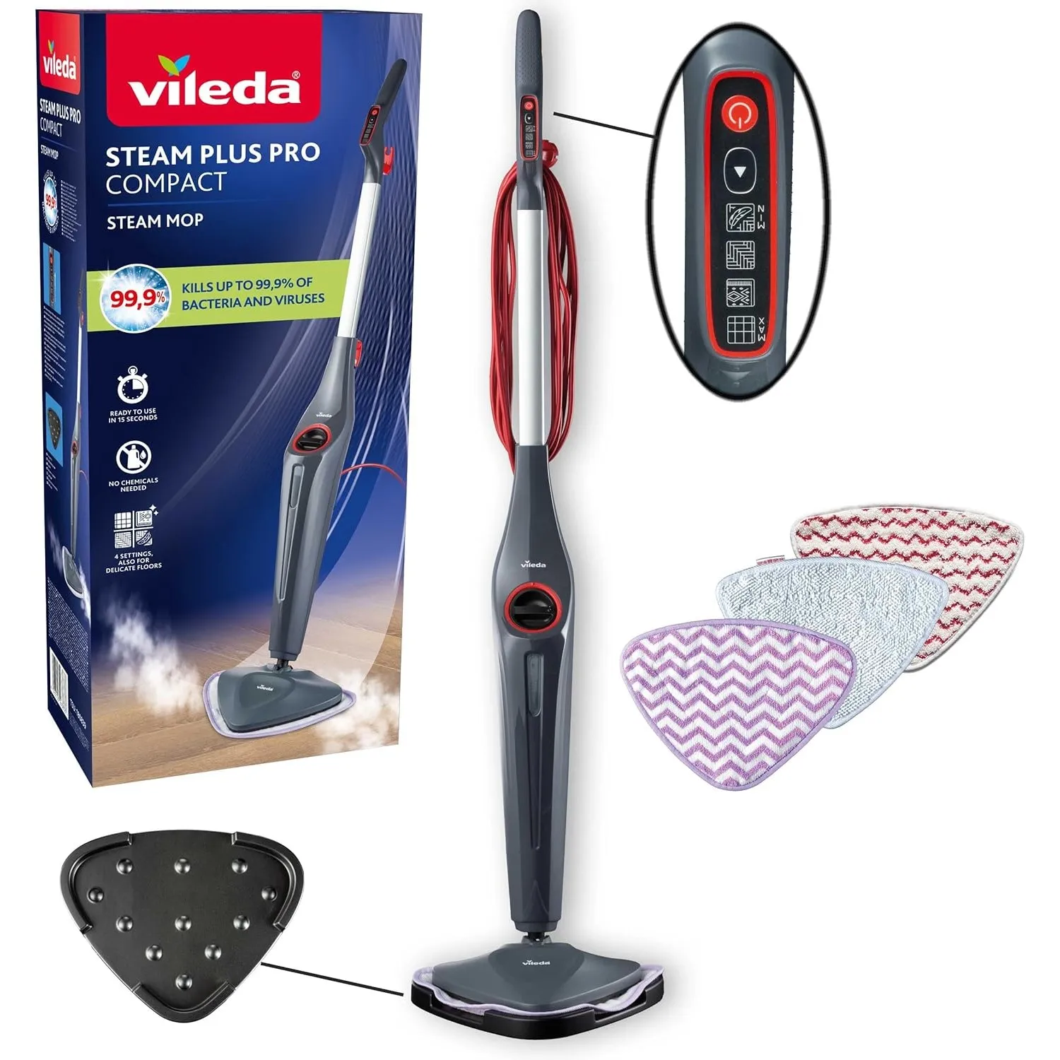 Vileda Steam Plus Pro Compact Dampfreiniger, 4 Dampfstufen | Tötet 99,9% der Bakterien & Viren | Sensitive Pad & PowerP…