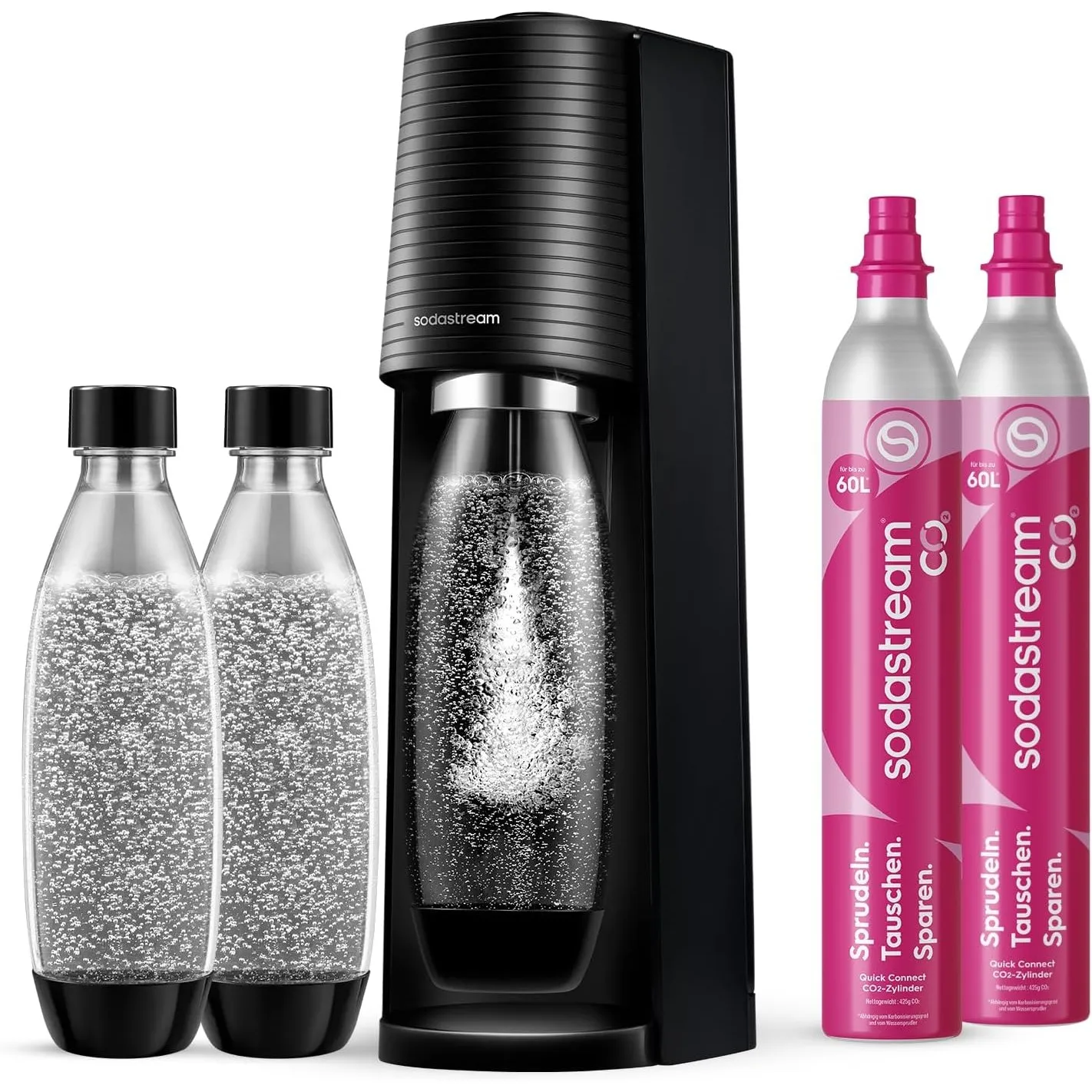 Sodastream - Terra Wassersprudler, Quick Connect Zylindersystem, mit 2x 60L CO2-Zylinder, 3x BPA-freie 1L Flasche, spül…