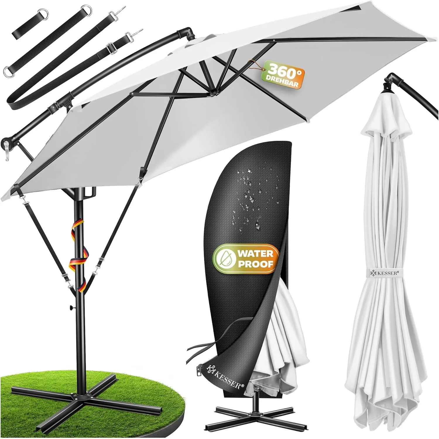 KESSER® Sonnenschirm Ø 300 cm, Ampelschirm mit Kurbel, für Balkon, Terrasse & Garten, Sonnenschutz, Gestell & Ständer a…