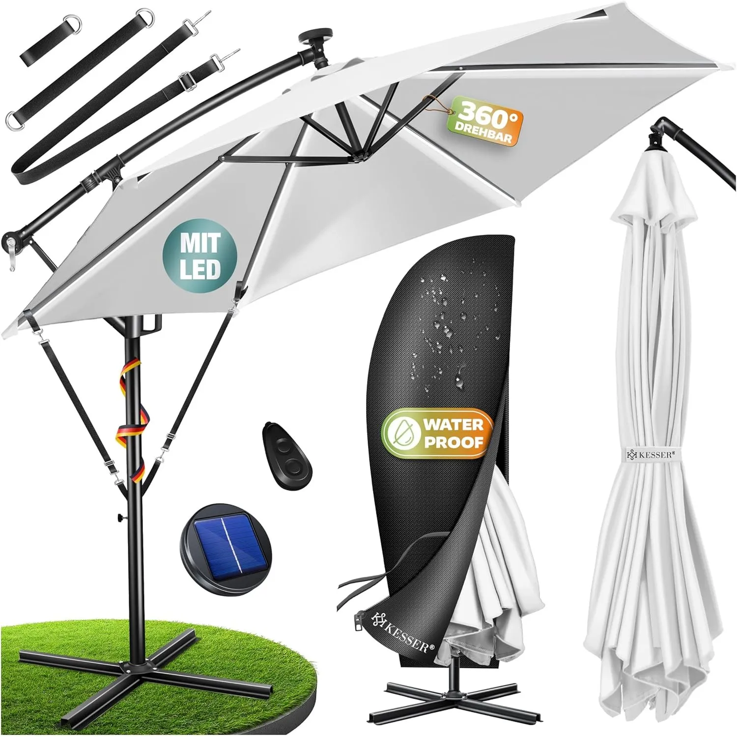 KESSER® Sonnenschirm Solar Ø 300 cm/Ø 350 cm mit LED Beleuchtung, Ampelschirm mit Kurbel, Garten, Sonnenschutz, Gestell…