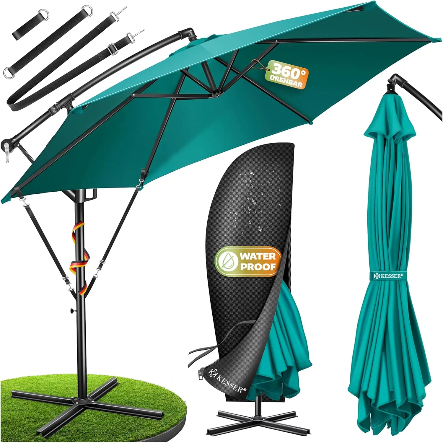 KESSER® Sonnenschirm Ø 350 cm, Ampelschirm mit Kurbel, für Balkon, Terrasse & Garten, Sonnenschutz, Gestell & Ständer a…
