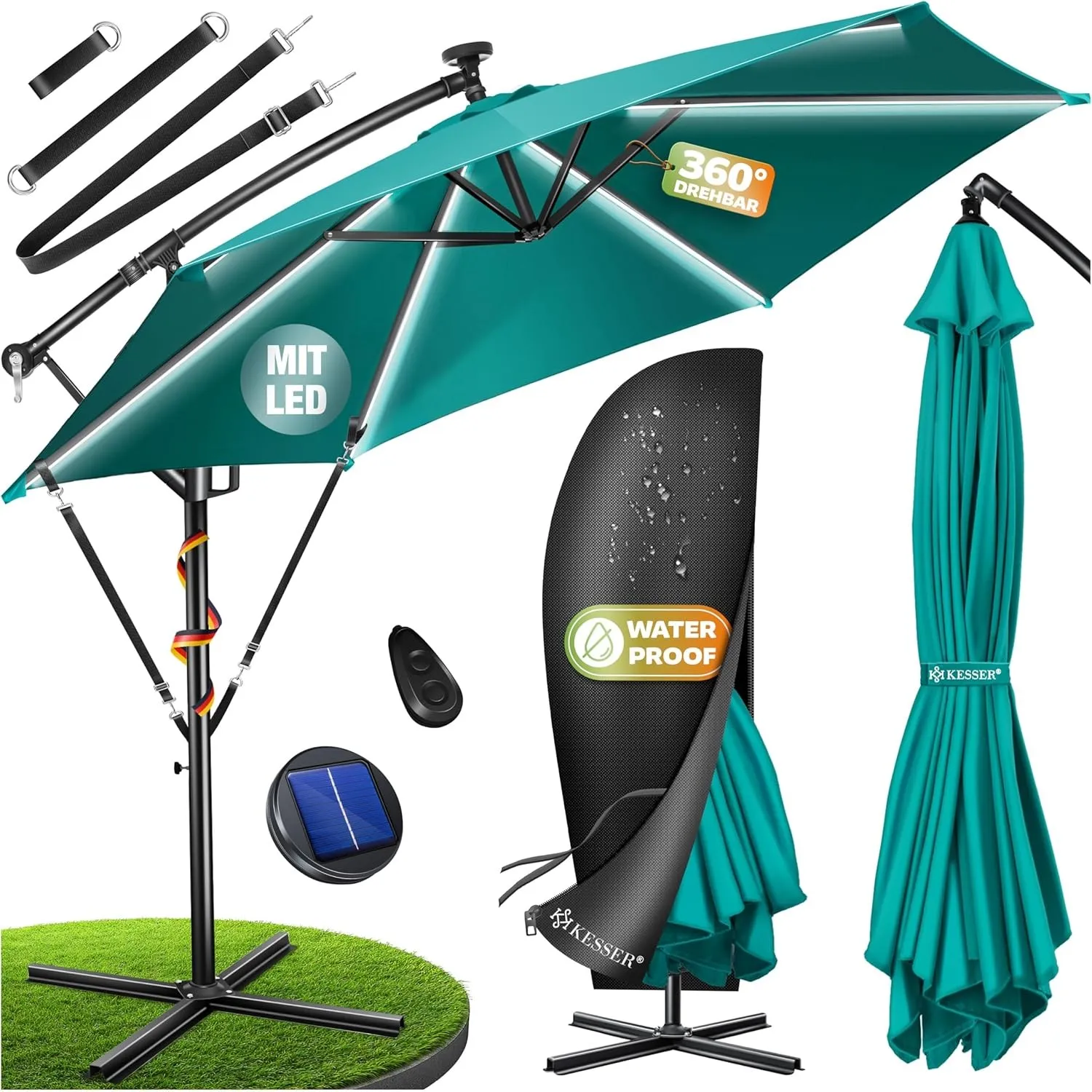 KESSER® Sonnenschirm Solar Ø 300 cm/Ø 350 cm mit LED Beleuchtung, Ampelschirm mit Kurbel, Garten, Sonnenschutz, Gestell…