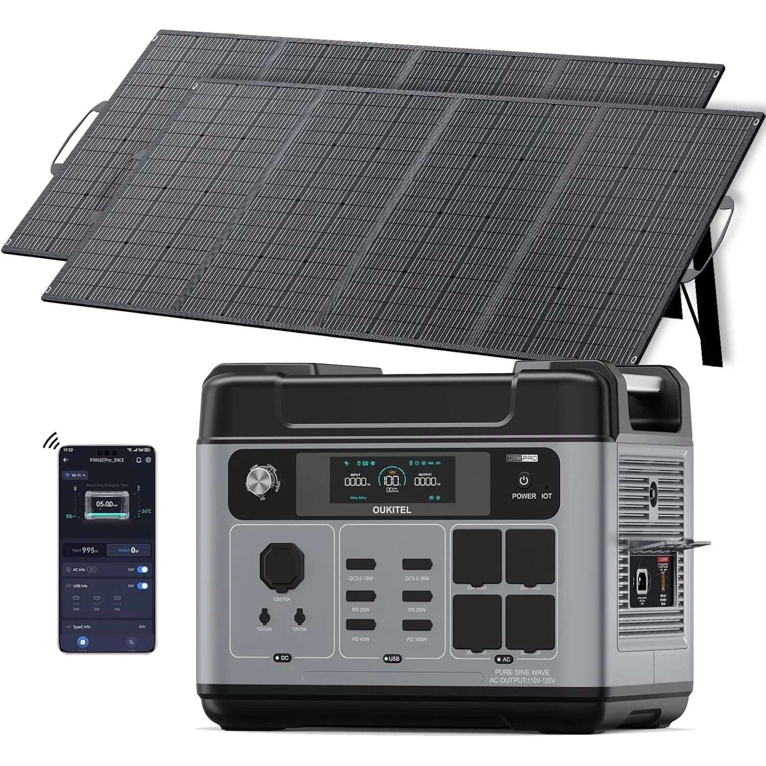 OUKITEL Solargenerator 3200W mit 2x400W Solarpanel, 2048Wh Tragbare Powerstation (6400W Peak), LiFePO4 Batterie, 220V-2…