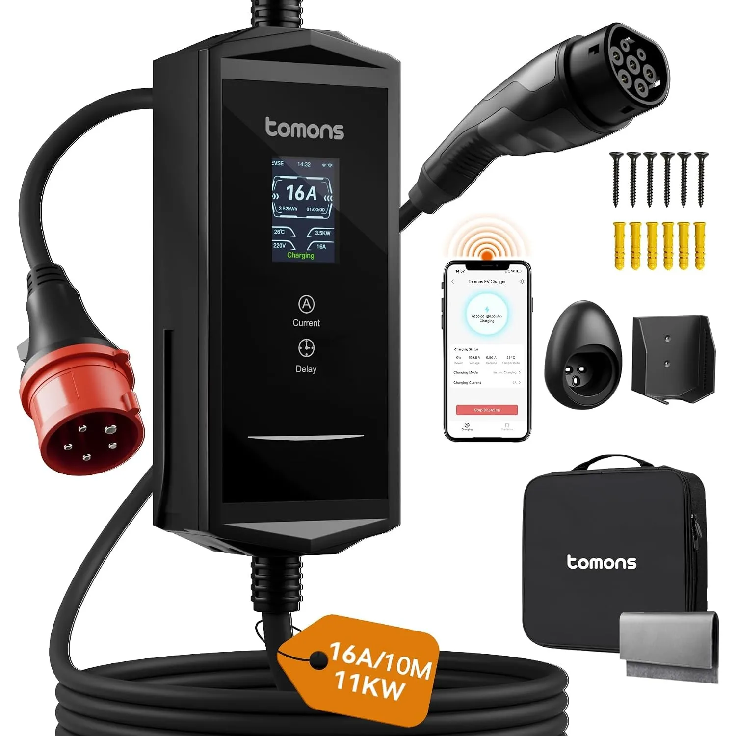 tomons Mobile Wallbox 11kw mit APP 10M,2,4" LCD-Display,3-Phasen|6-16A