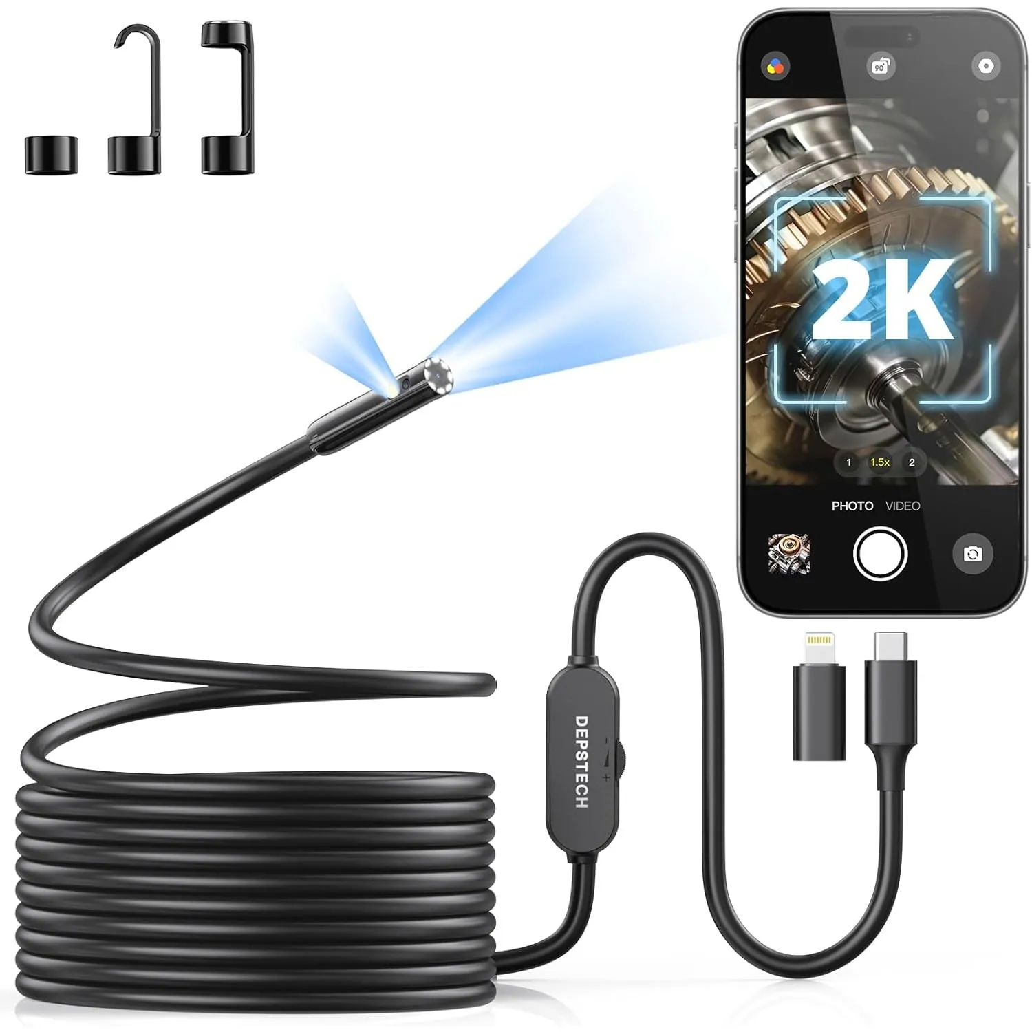 DEPSTECH 2K Endoskopkamera mit Licht: 2560P QHD Dual Lens Inspektionskamera